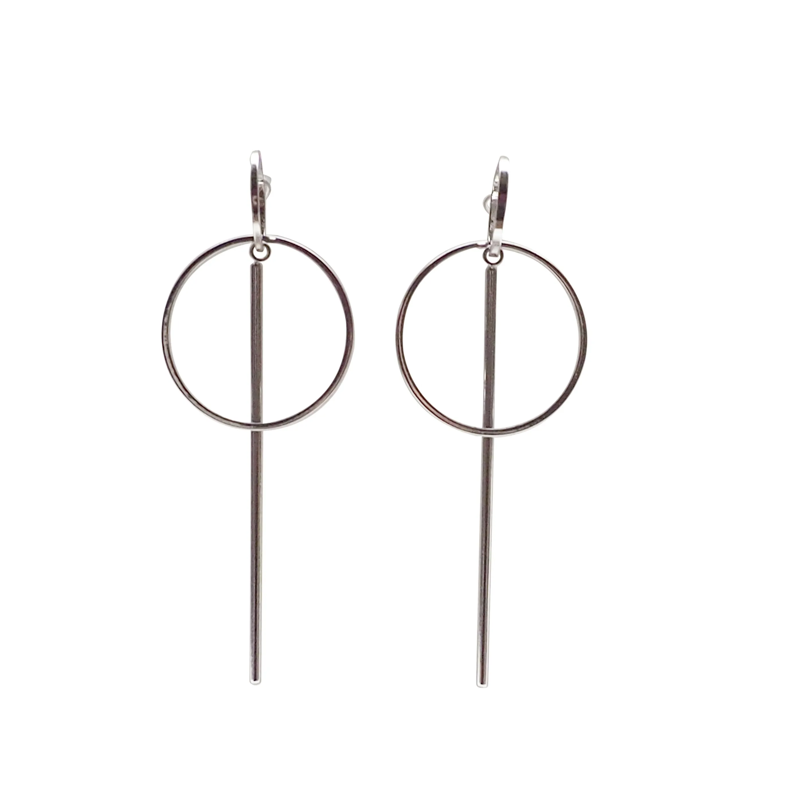 Double hoop with bar invisible clip on stud earrings ( Silver tone )