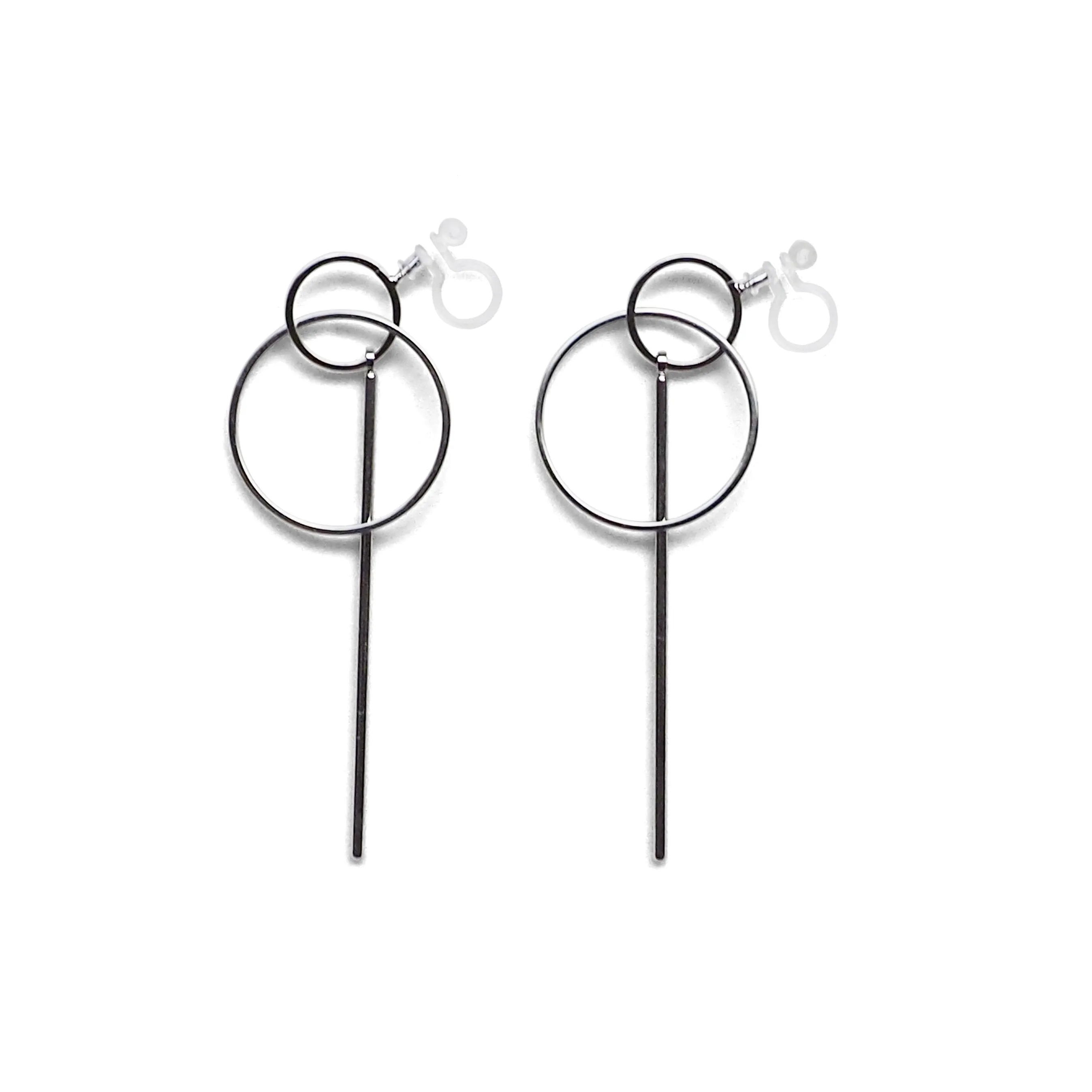 Double hoop with bar invisible clip on stud earrings ( Silver tone )