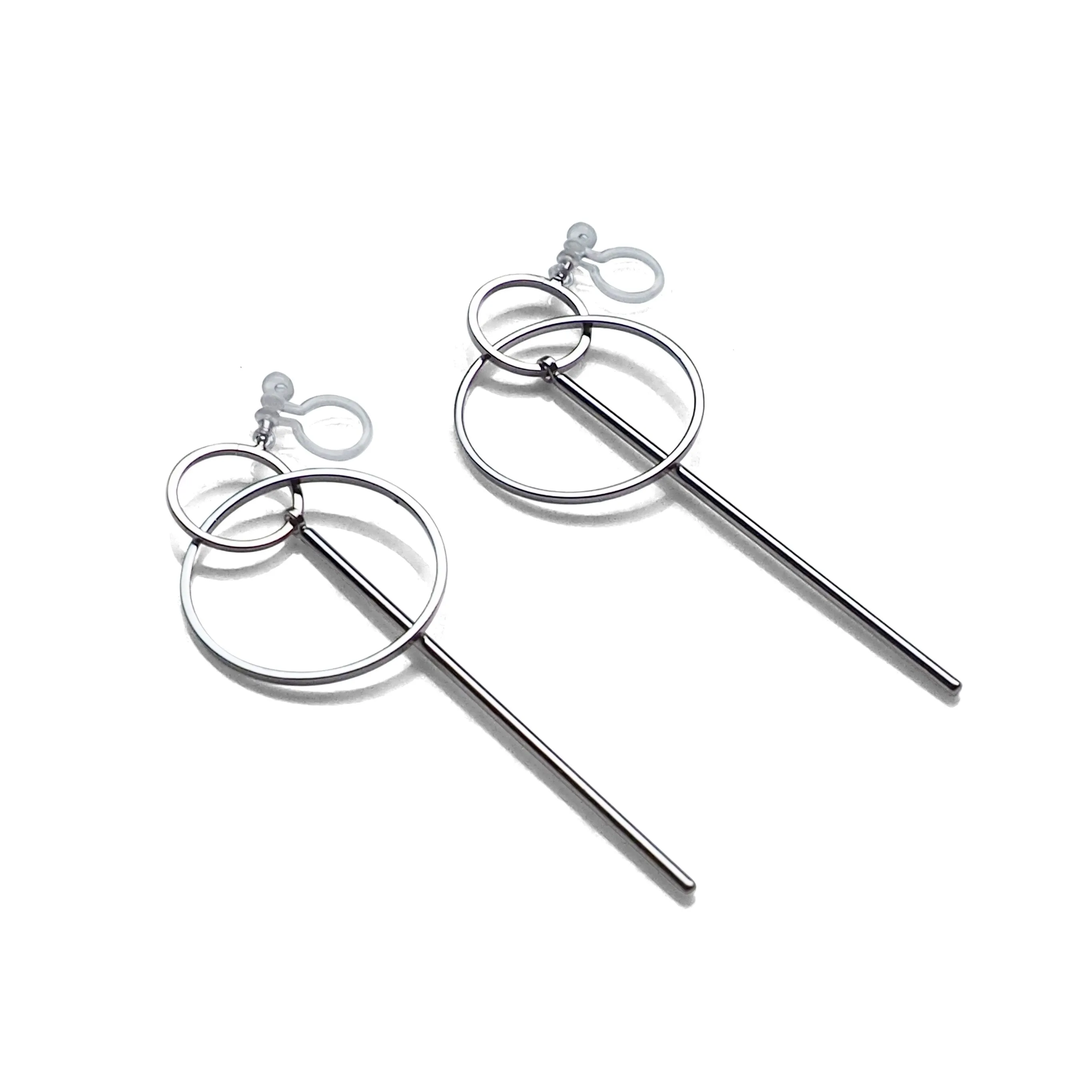 Double hoop with bar invisible clip on stud earrings ( Silver tone )