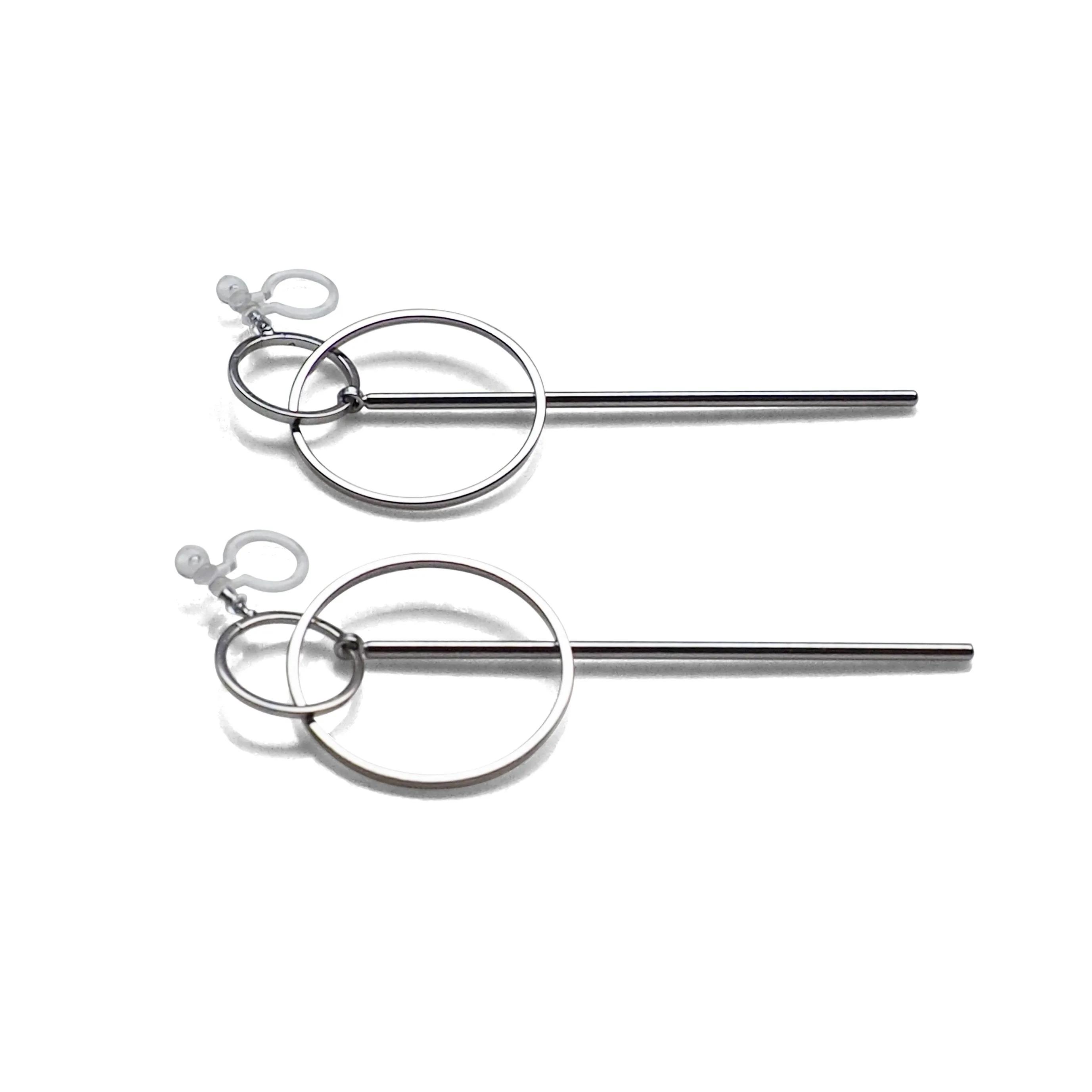 Double hoop with bar invisible clip on stud earrings ( Silver tone )