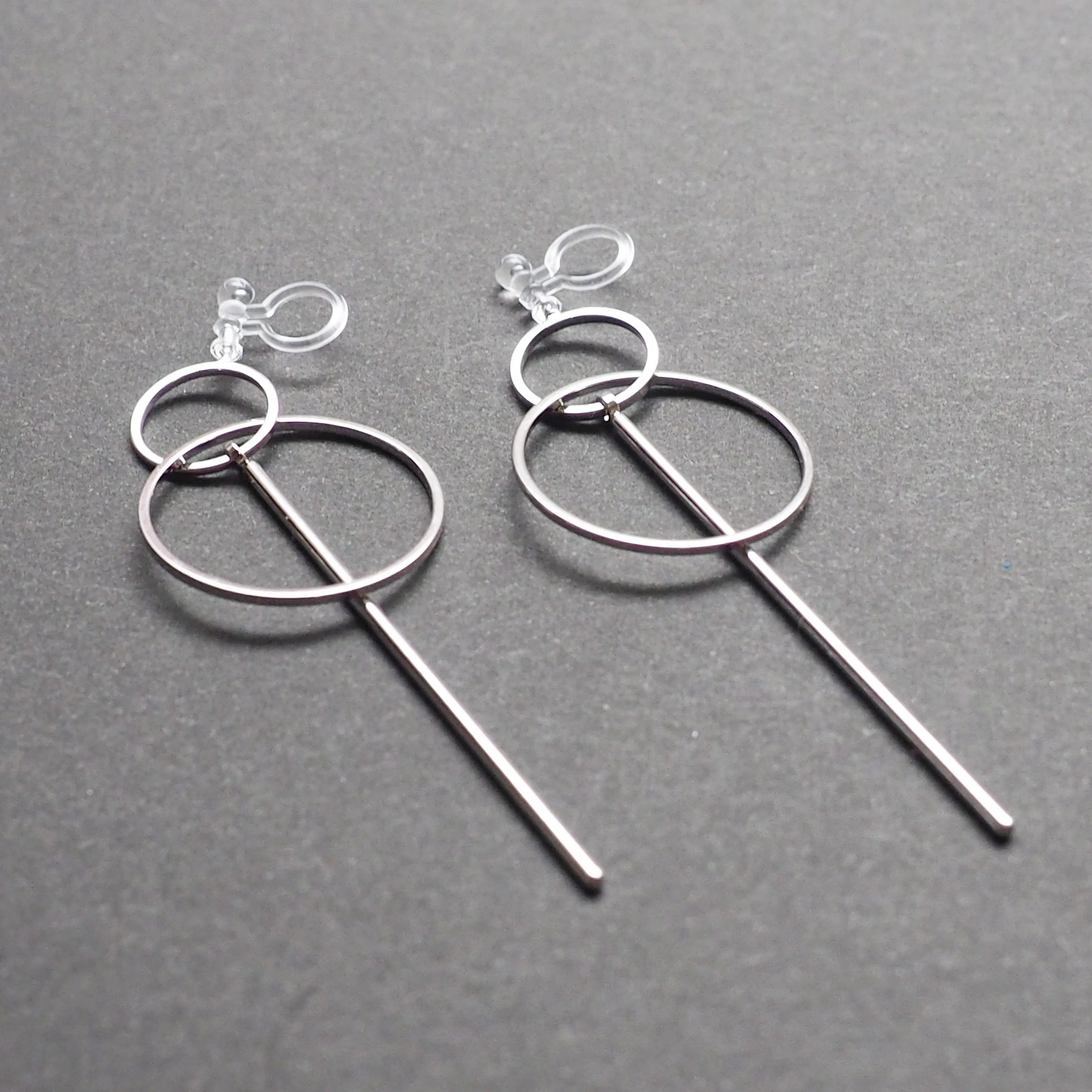 Double hoop with bar invisible clip on stud earrings ( Silver tone )