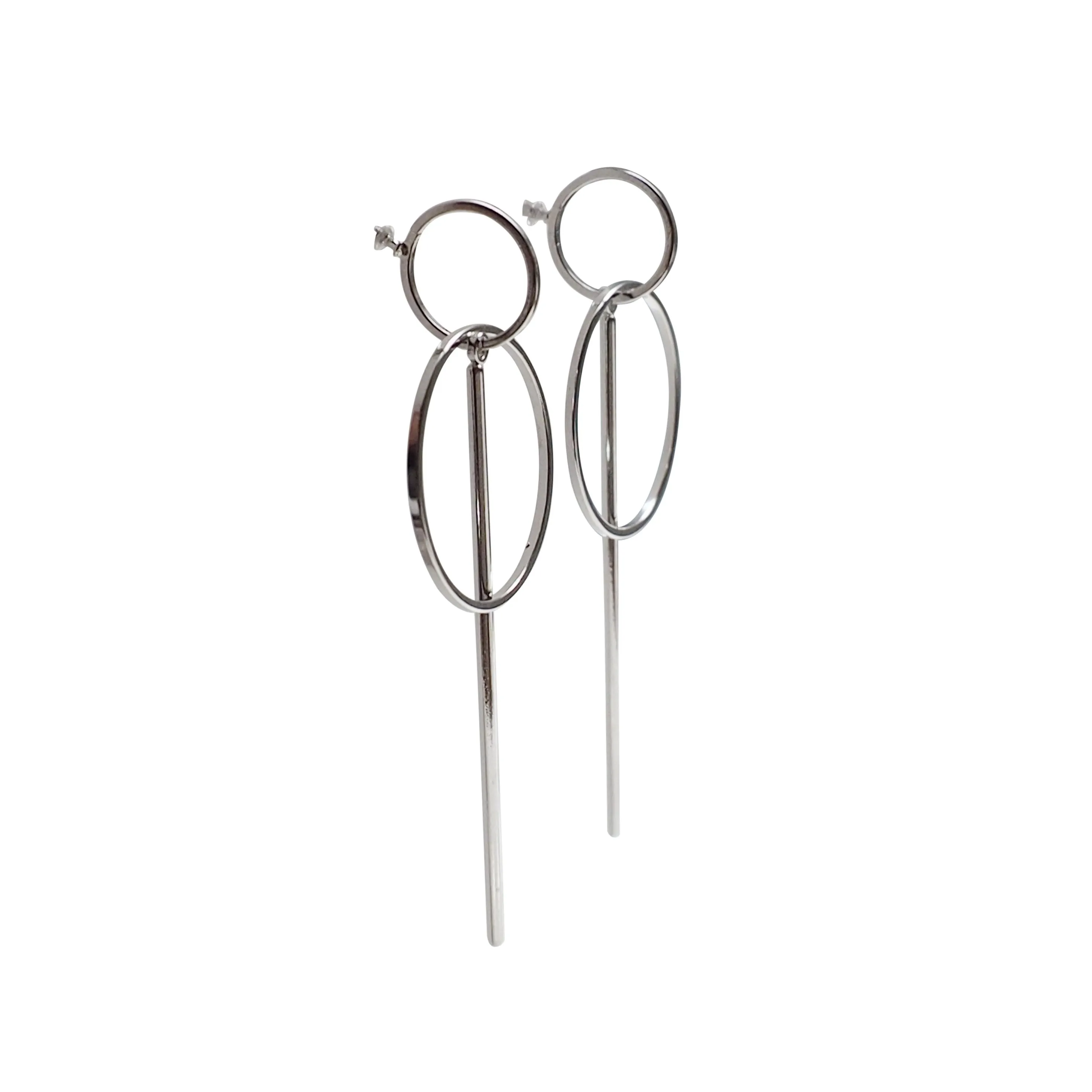 Double hoop with bar invisible clip on stud earrings ( Silver tone )