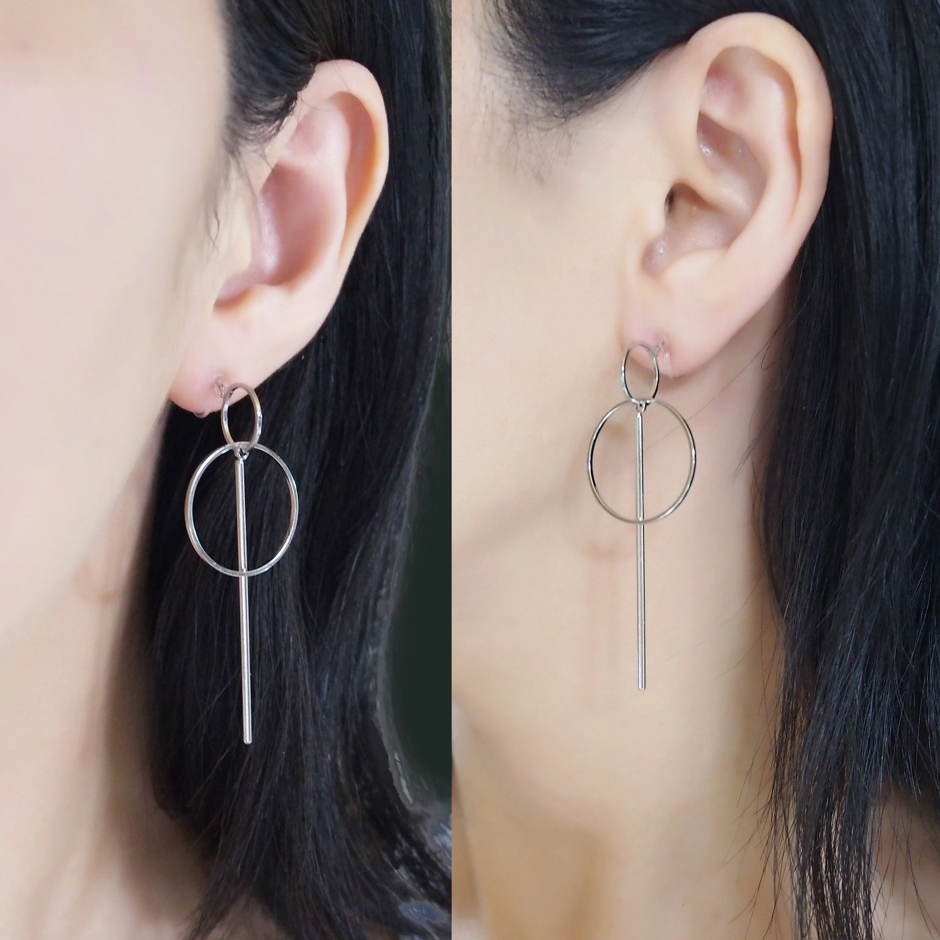 Double hoop with bar invisible clip on stud earrings ( Silver tone )