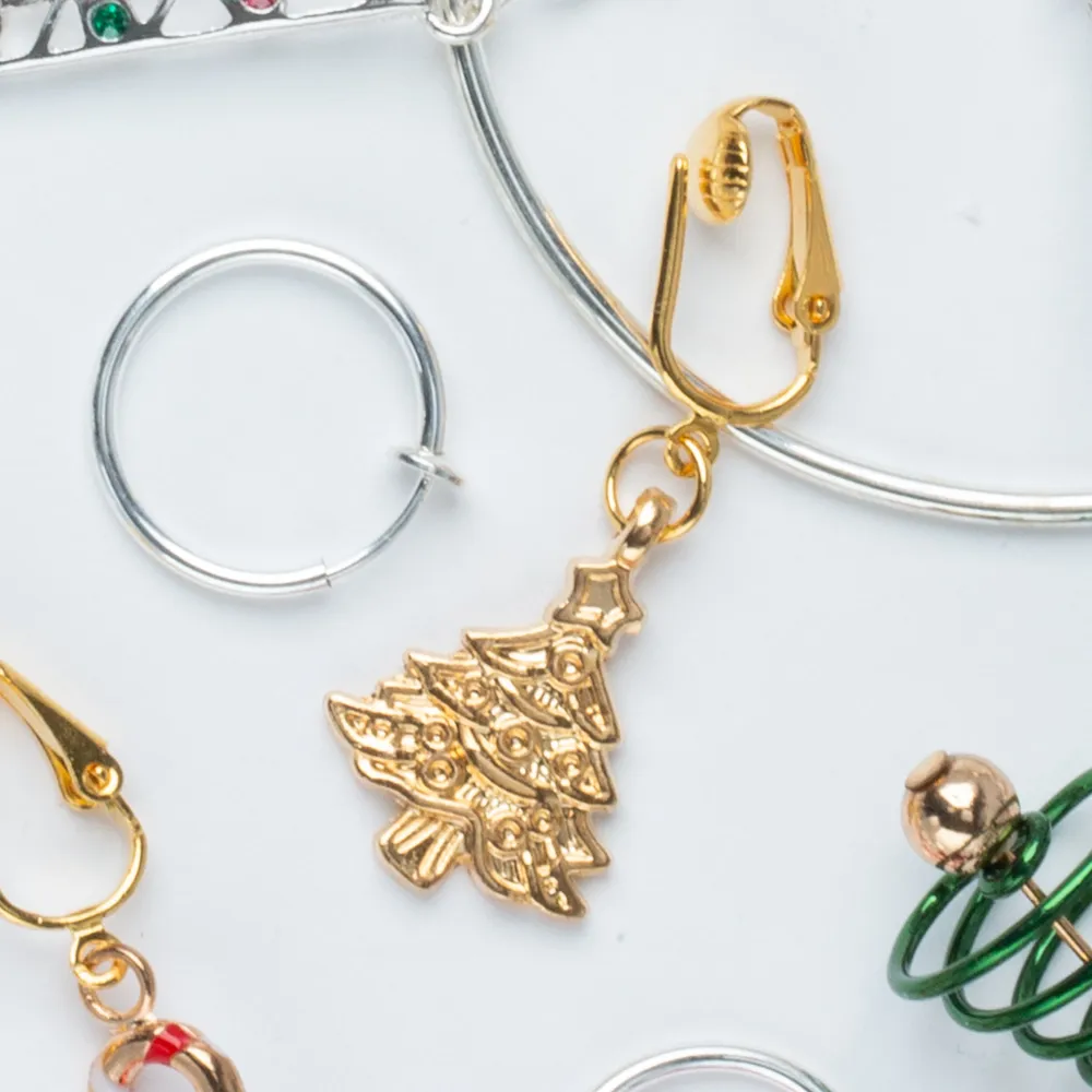 Gold Christmas Tree Clip On Dangling Earrings
