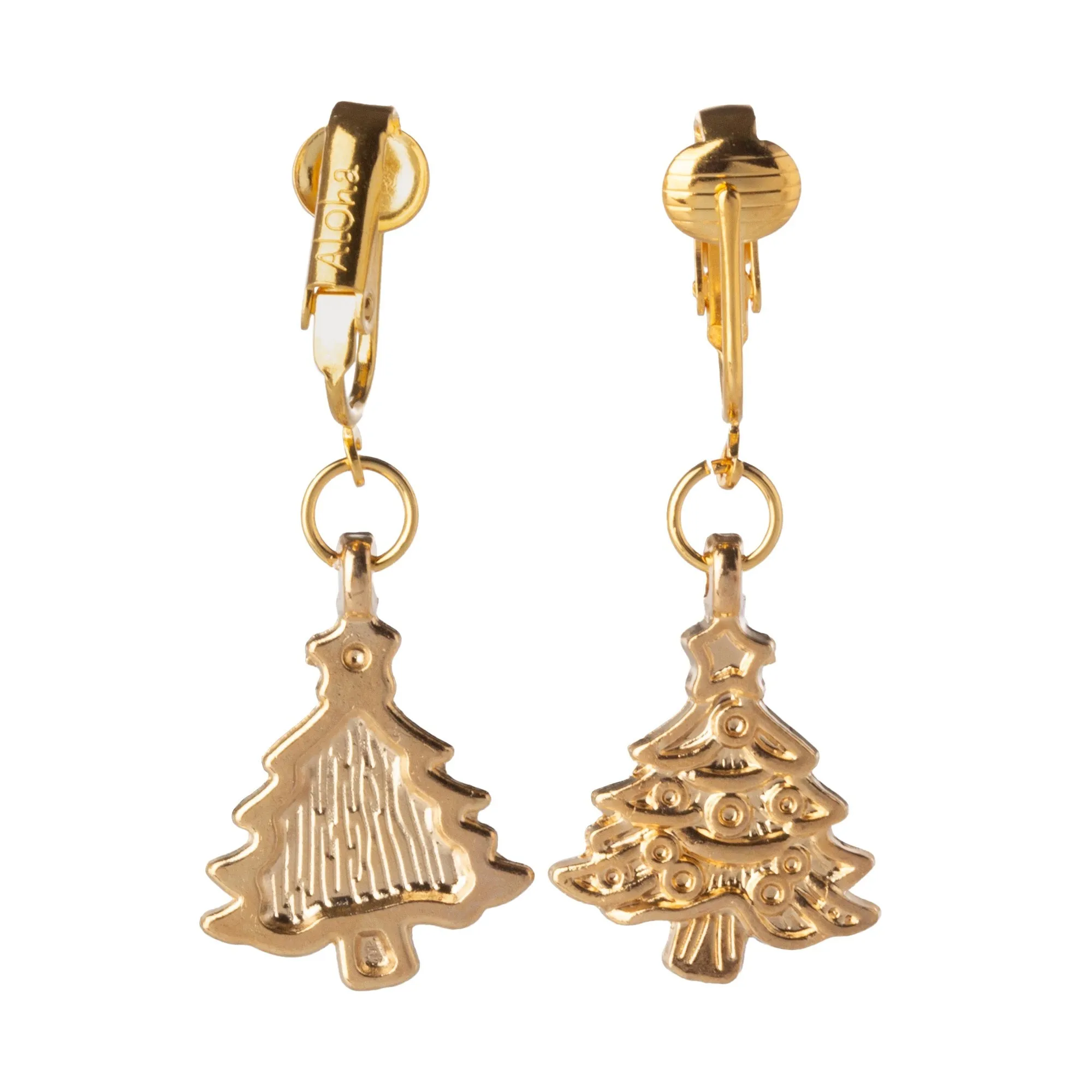 Gold Christmas Tree Clip On Dangling Earrings
