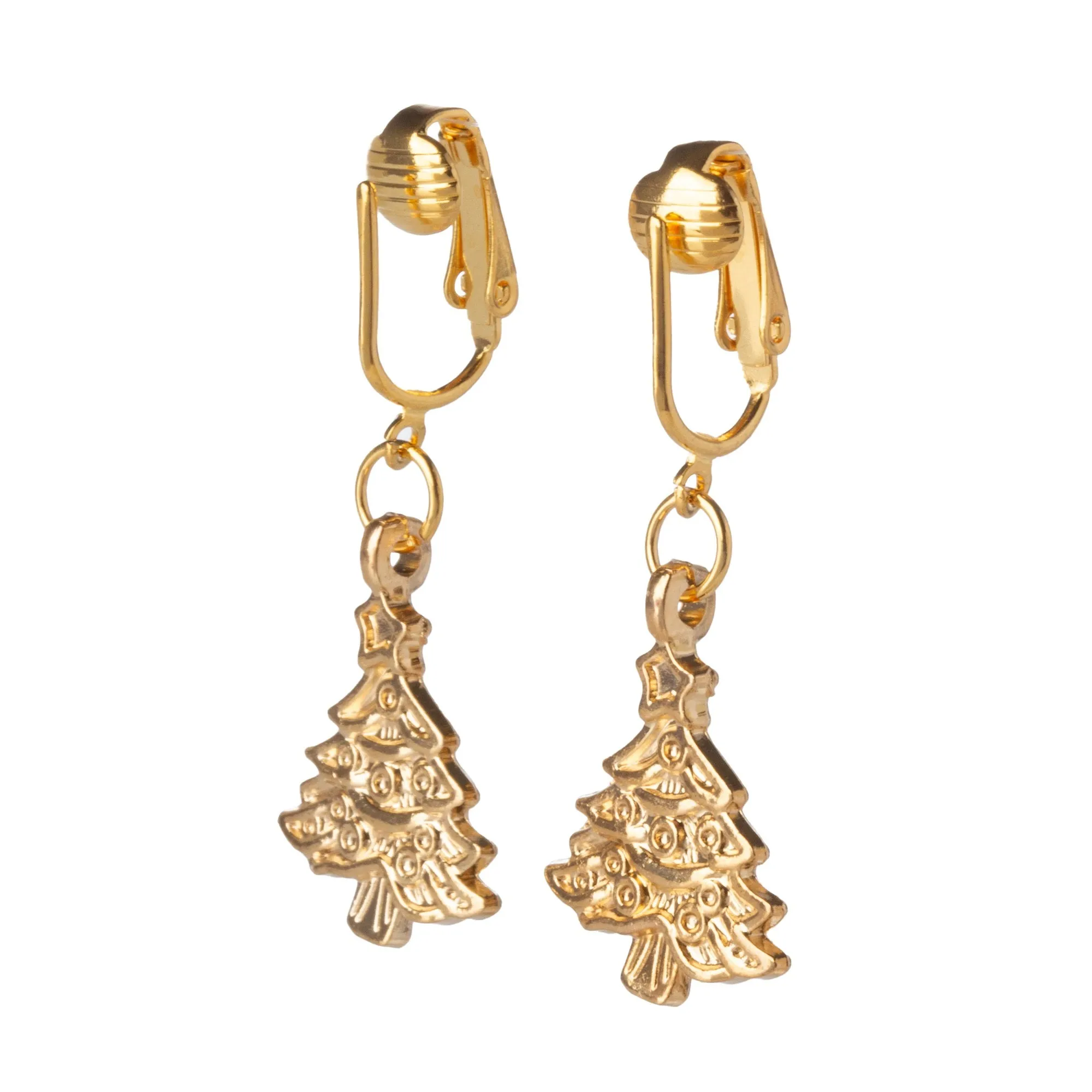 Gold Christmas Tree Clip On Dangling Earrings