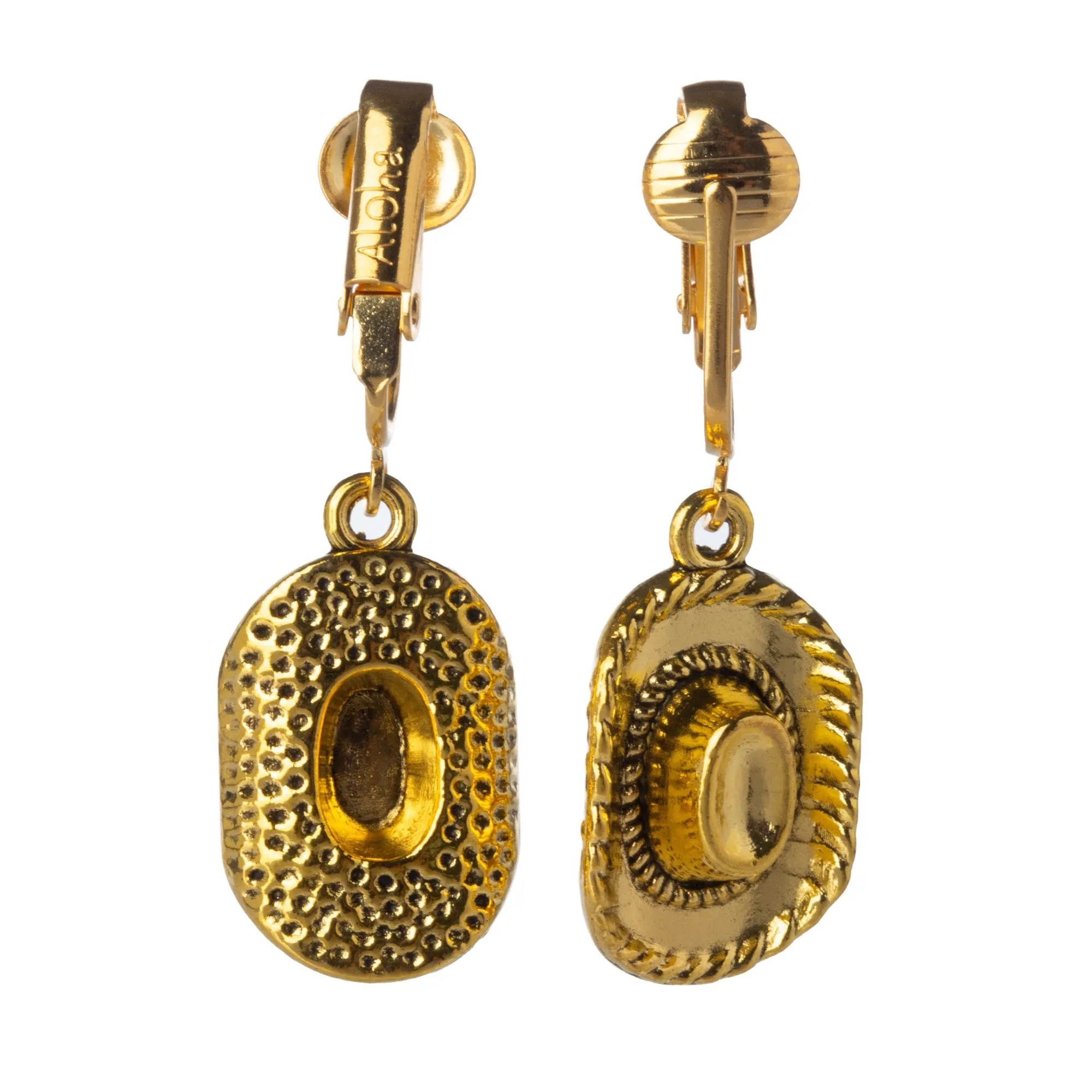 Gold Cowboy Hats Clip On Dangling Earrings