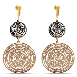 Gold Double Swirl Circles Clip On Dangling Earrings