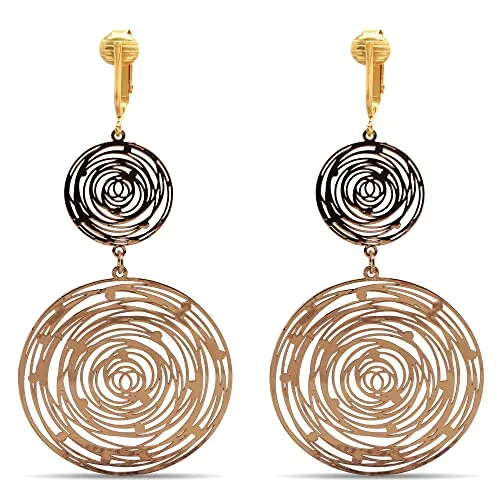 Gold Double Swirl Circles Clip On Dangling Earrings