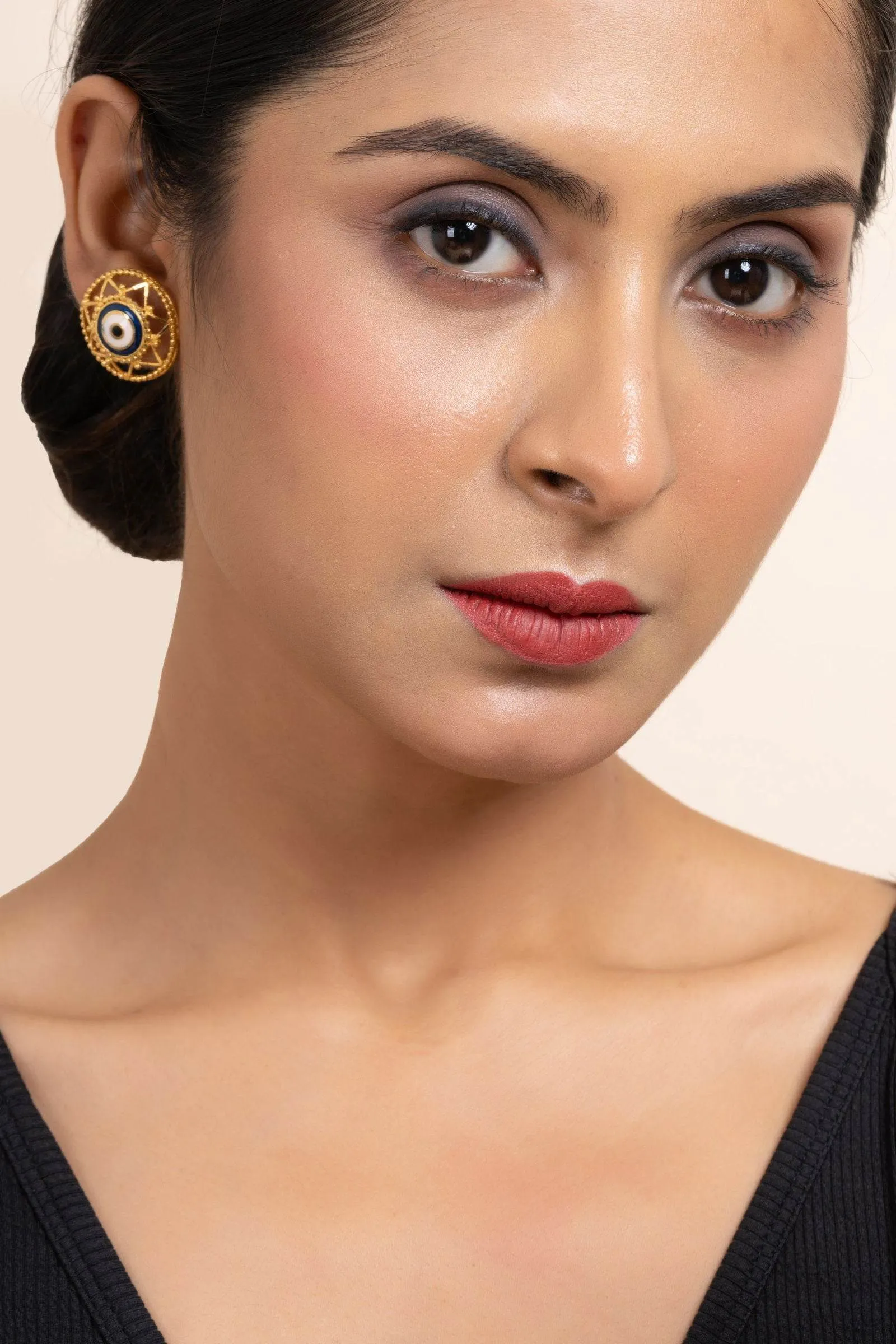 Gold Plated Round Evil Eye Stud Earrings with White Blue Meenakari Design - Copper Jewelry
