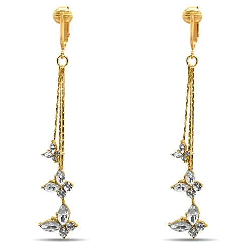 Gold Rhinestone Butterfly Clip On Dangling Earrings