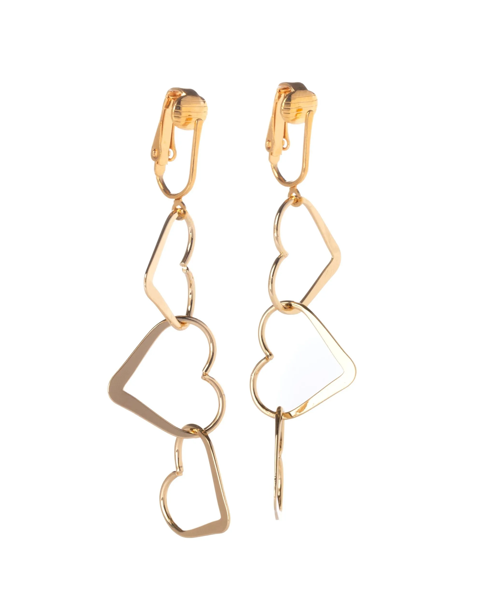 Gold Triple Heart Clip On Dangling Earrings