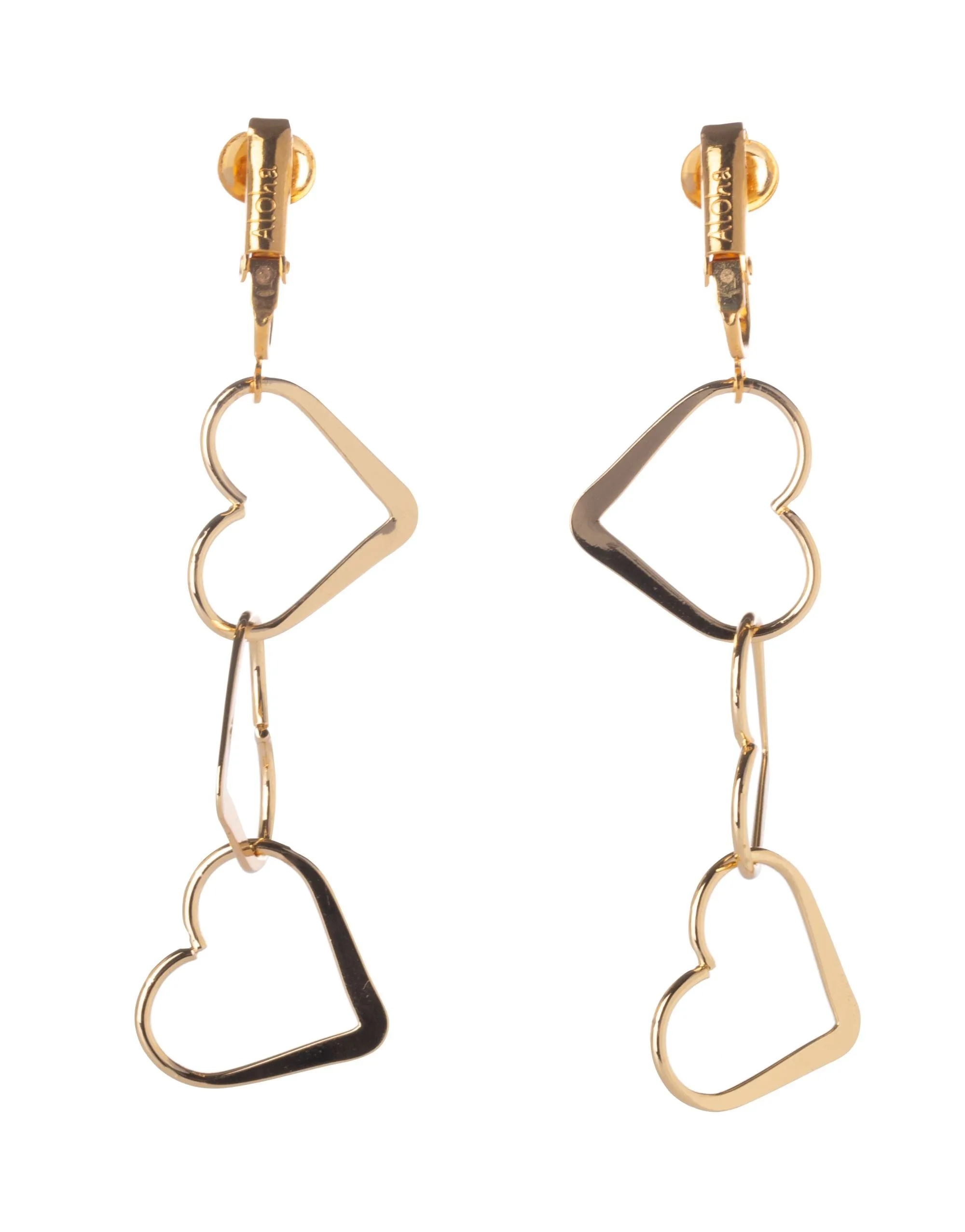 Gold Triple Heart Clip On Dangling Earrings