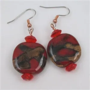 Handmade Brown and Red Kazuri Bead Earrings
