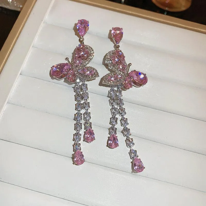 Pink Butterfly Water Drop Long Tassel Earrings