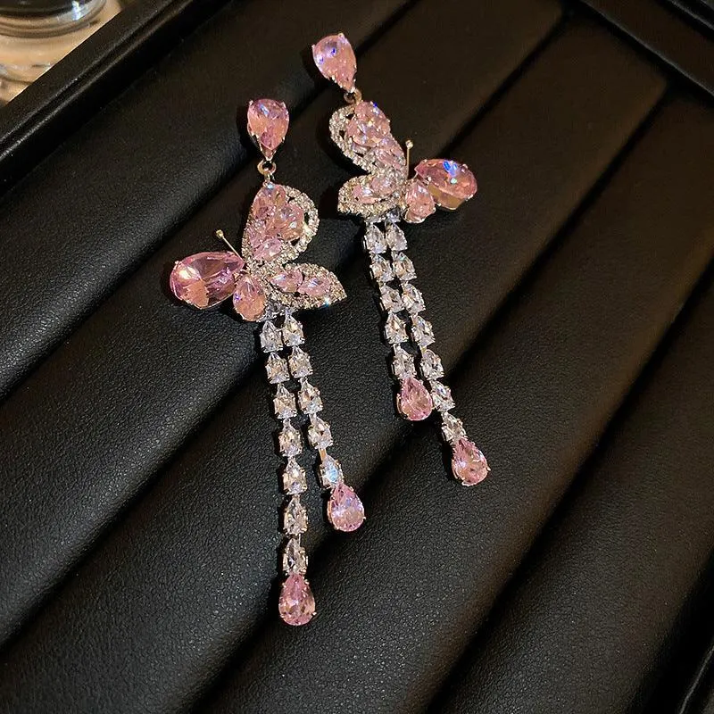 Pink Butterfly Water Drop Long Tassel Earrings