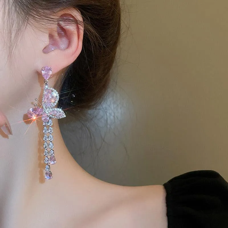 Pink Butterfly Water Drop Long Tassel Earrings