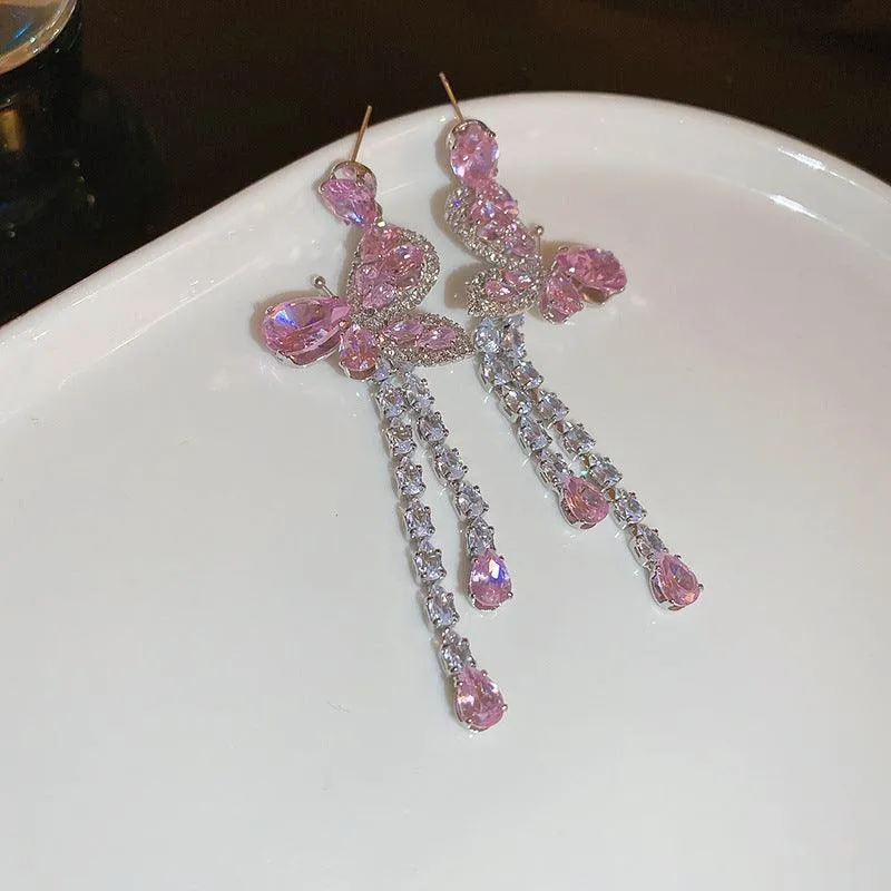 Pink Butterfly Water Drop Long Tassel Earrings