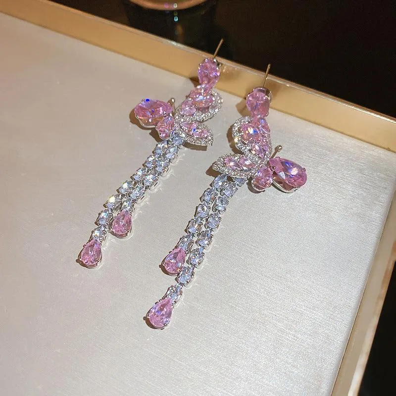 Pink Butterfly Water Drop Long Tassel Earrings
