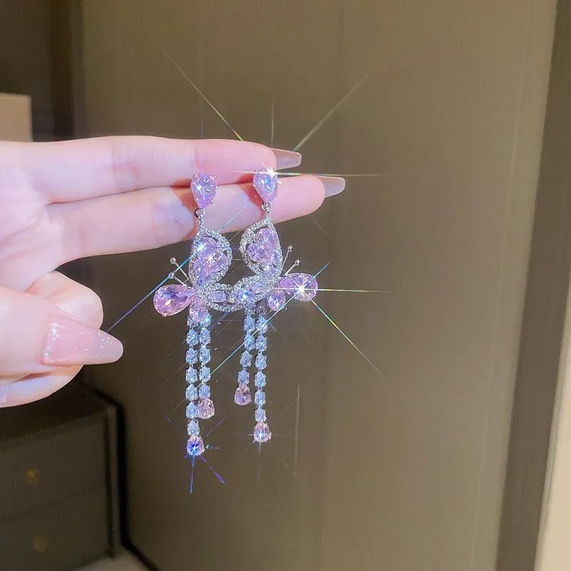 Pink Butterfly Water Drop Long Tassel Earrings