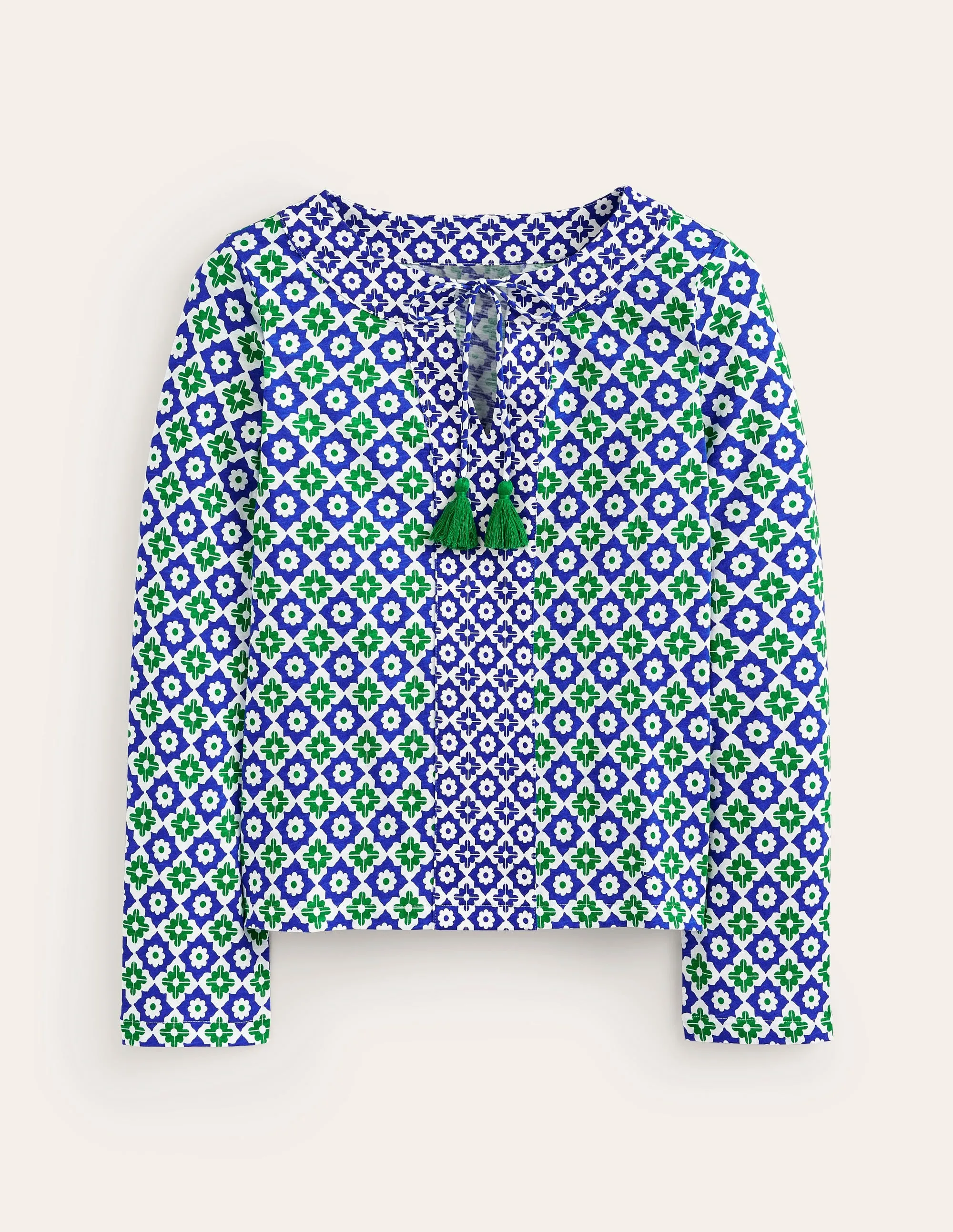 Printed Tie Neck Top-Green Tambourine, Geometric