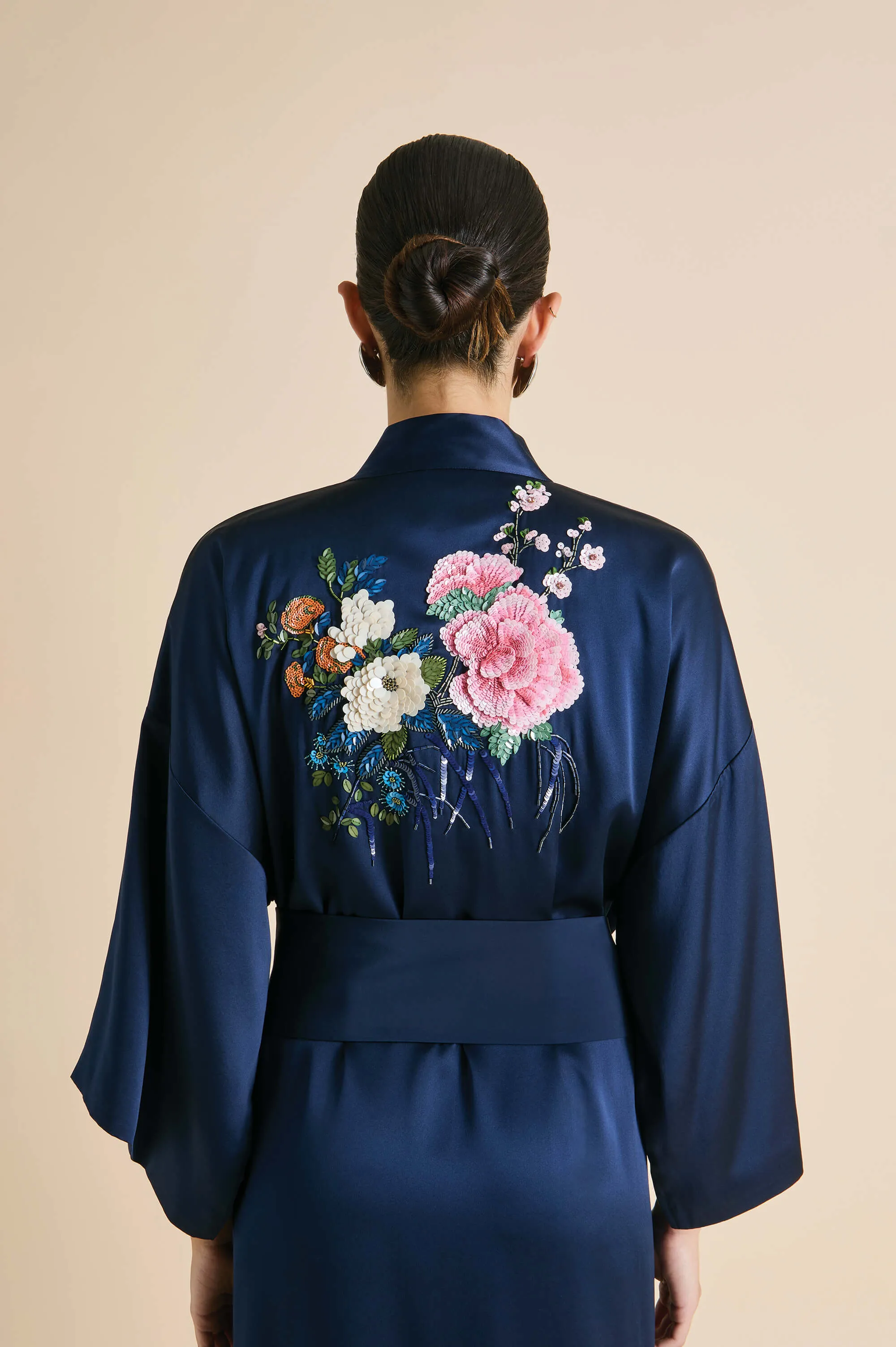 Queenie Harmonies Navy Embellished Robe in Silk Satin