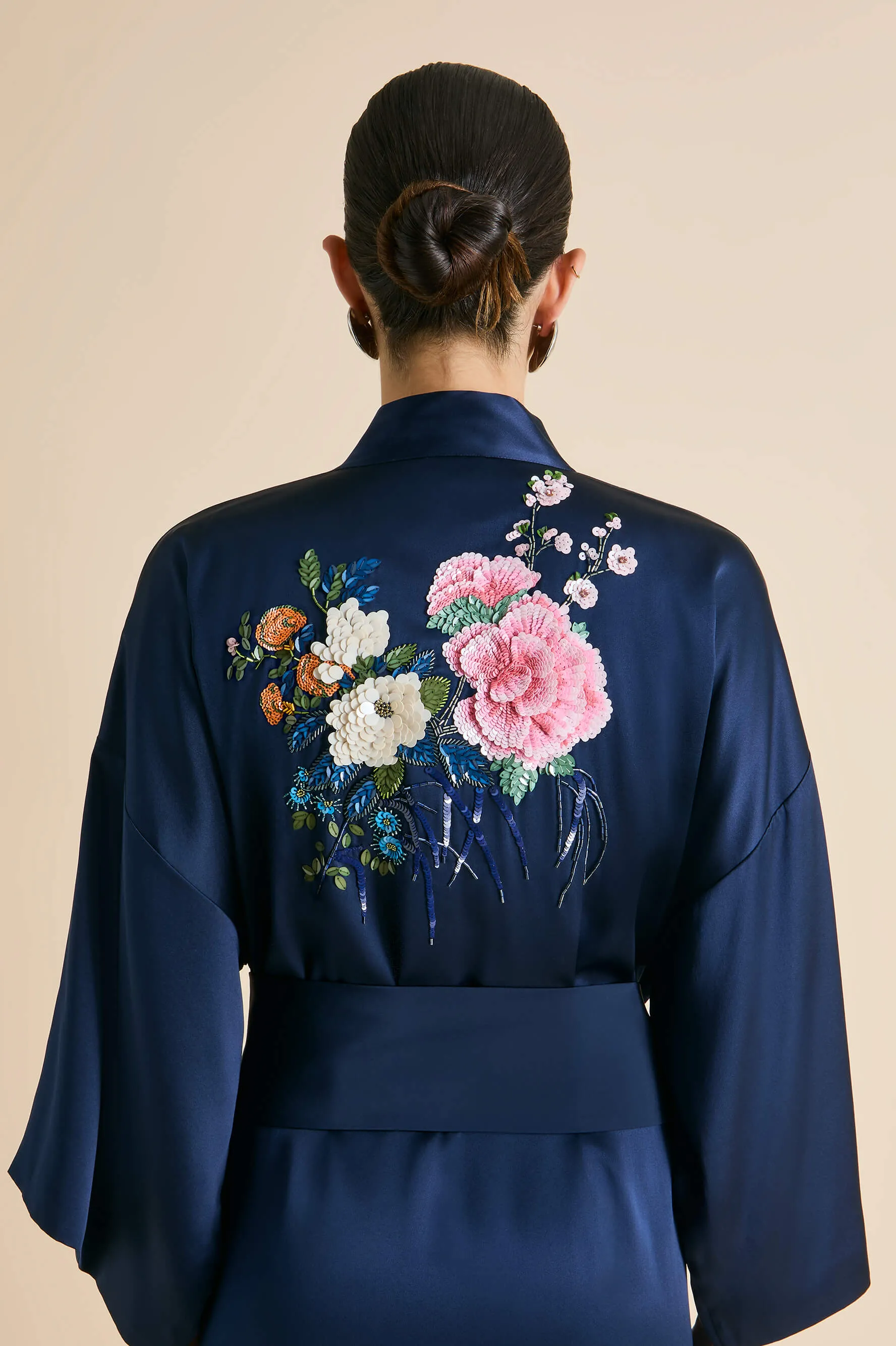 Queenie Harmonies Navy Embellished Robe in Silk Satin