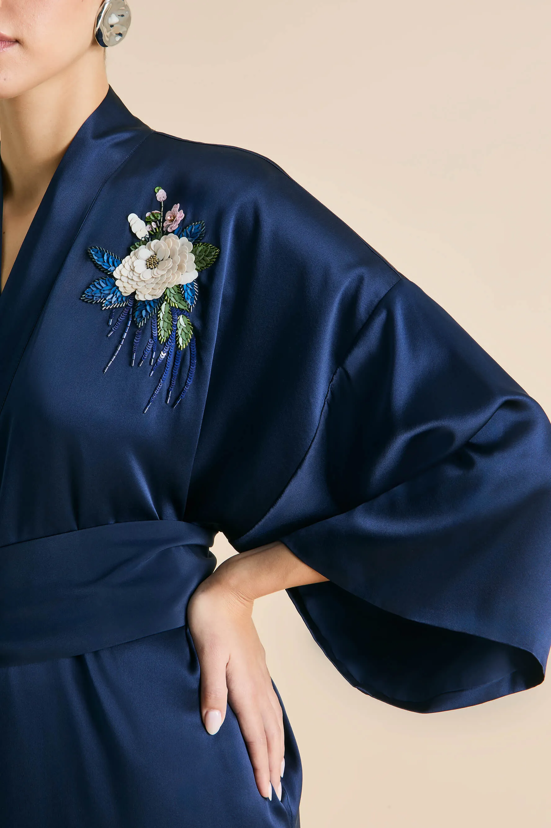 Queenie Harmonies Navy Embellished Robe in Silk Satin