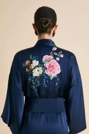 Queenie Harmonies Navy Embellished Robe in Silk Satin