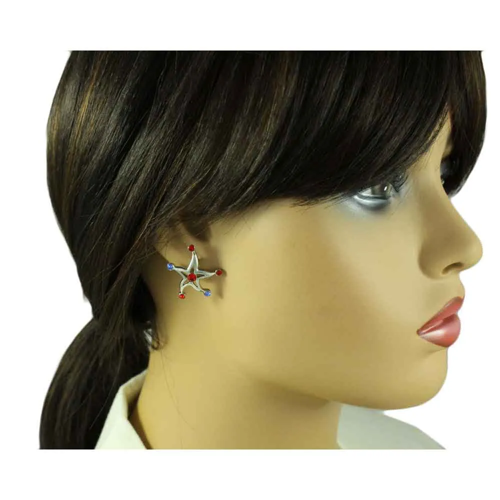 Red and Blue Crystal Patriotic Star Pierced Earring - PRF761E
