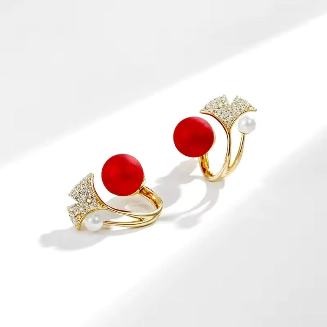 Red Bead and Rhinestone Leaf Earrings