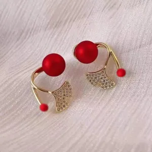 Red Bead and Rhinestone Leaf Earrings