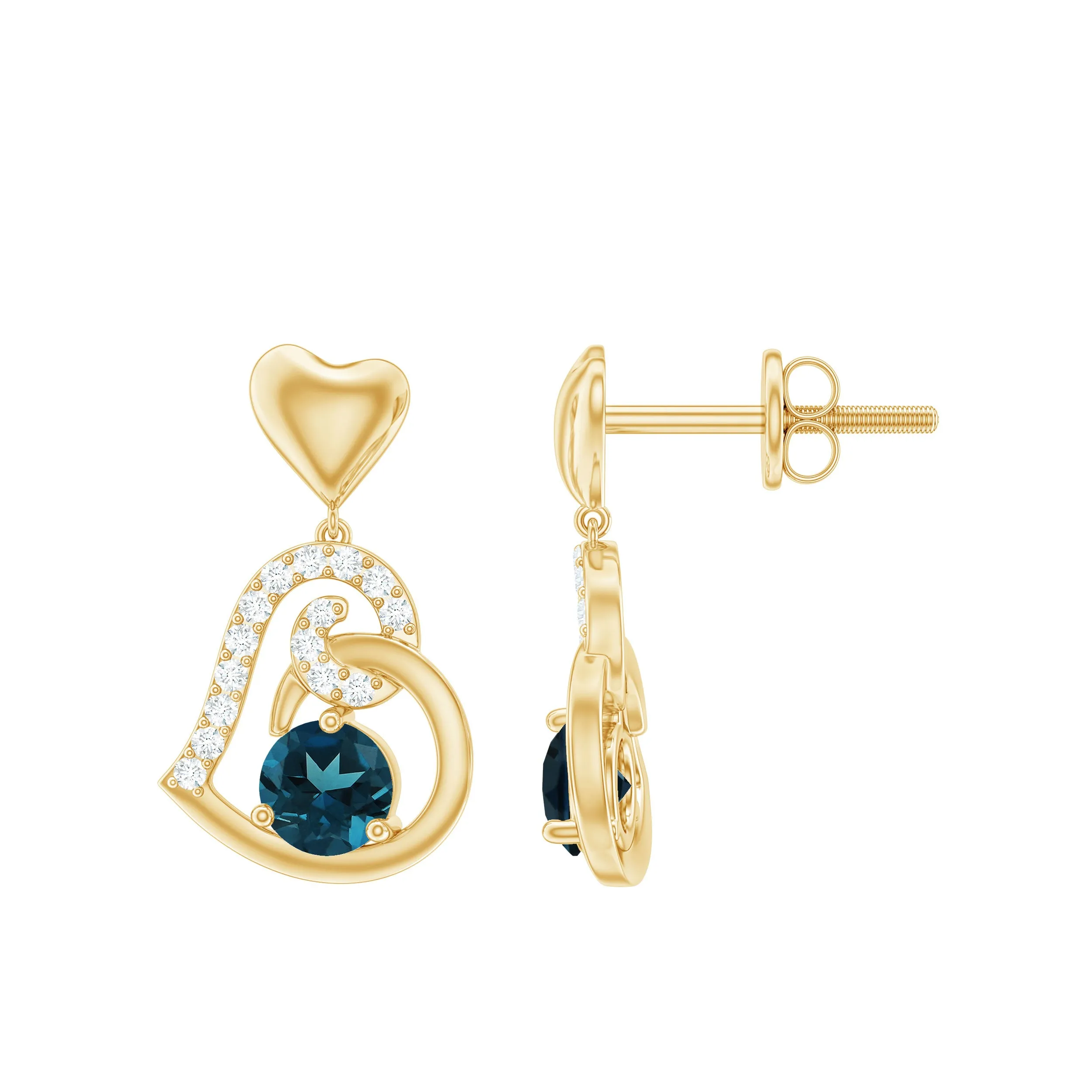 Round London Blue Topaz and Diamond Heart Drop Earring