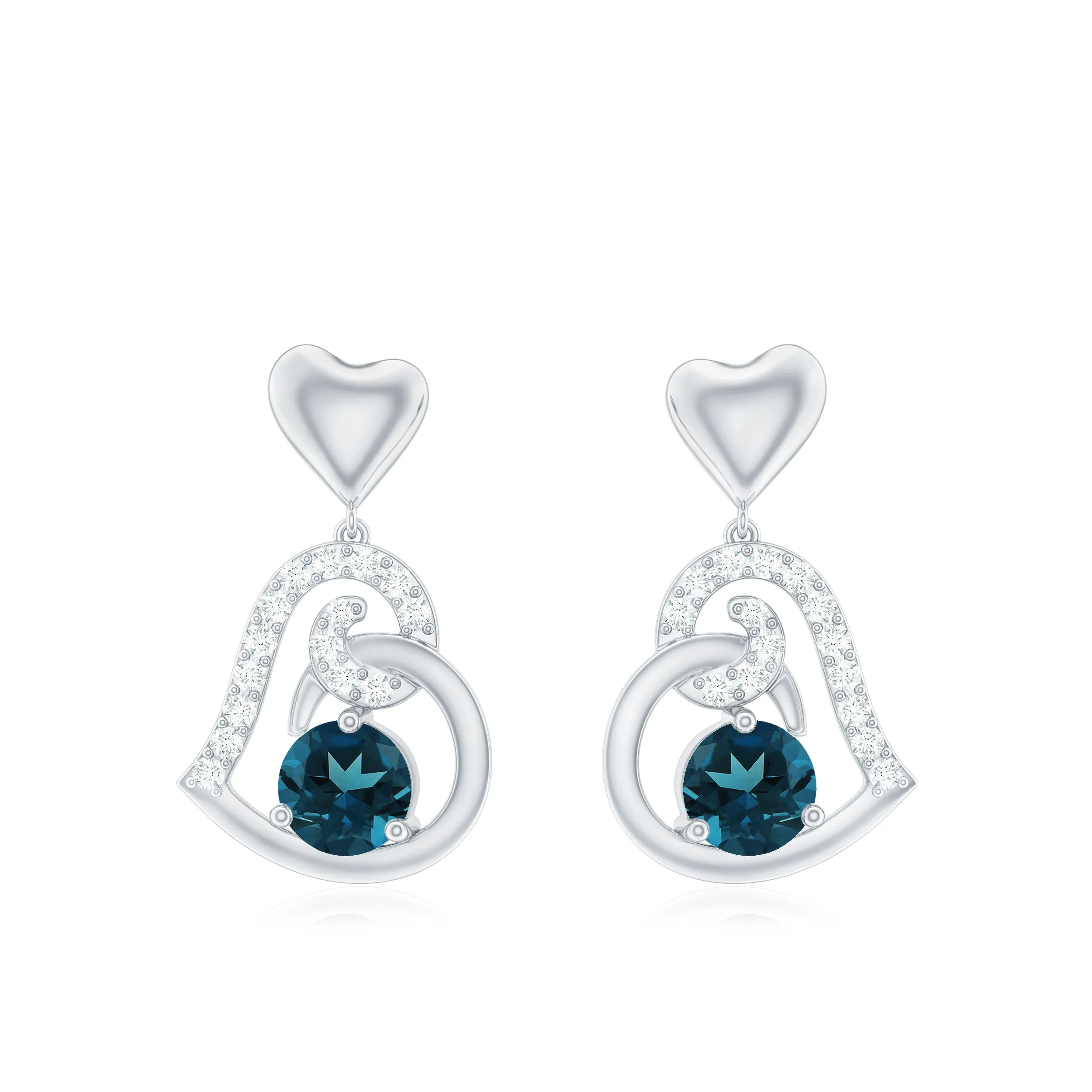 Round London Blue Topaz and Diamond Heart Drop Earring