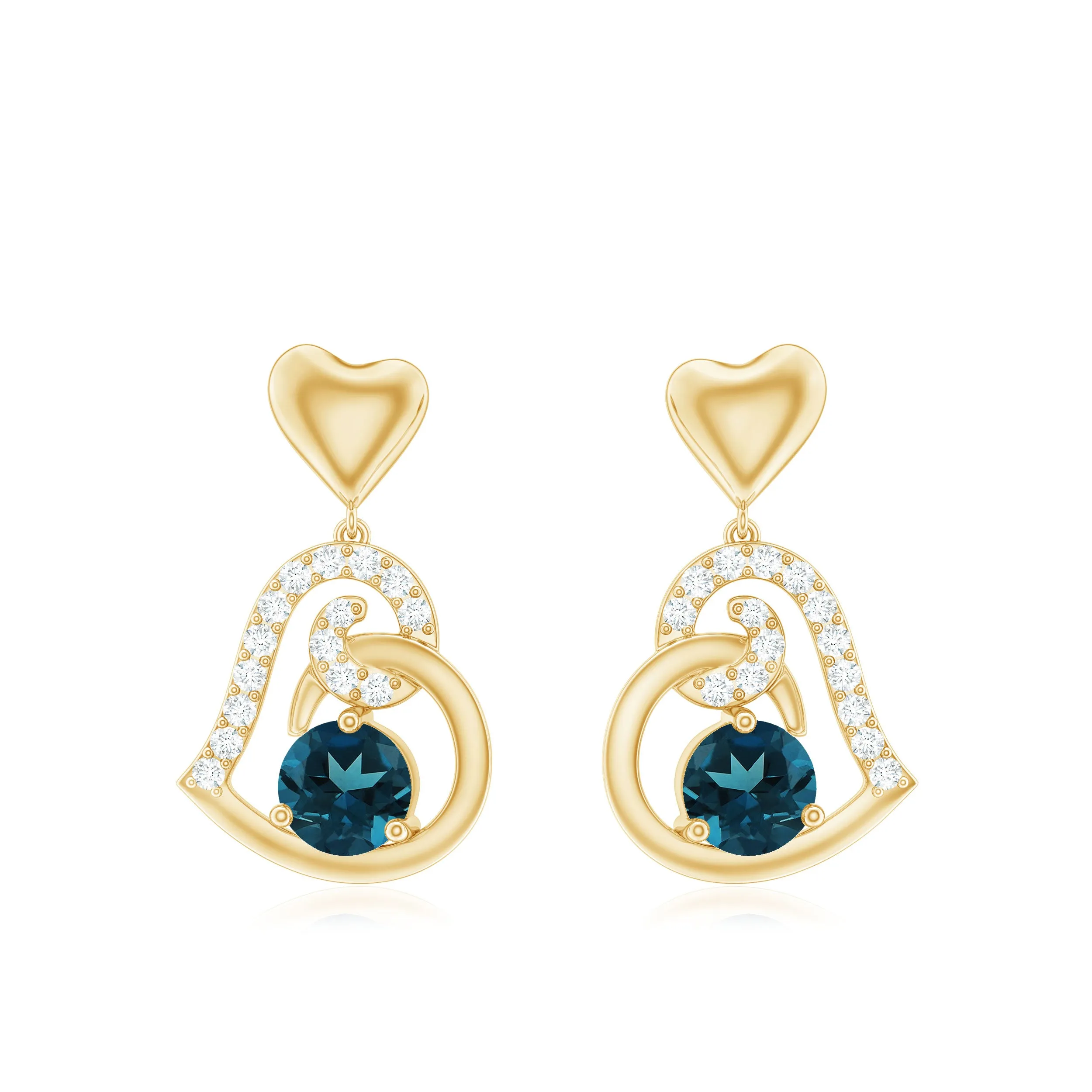 Round London Blue Topaz and Diamond Heart Drop Earring