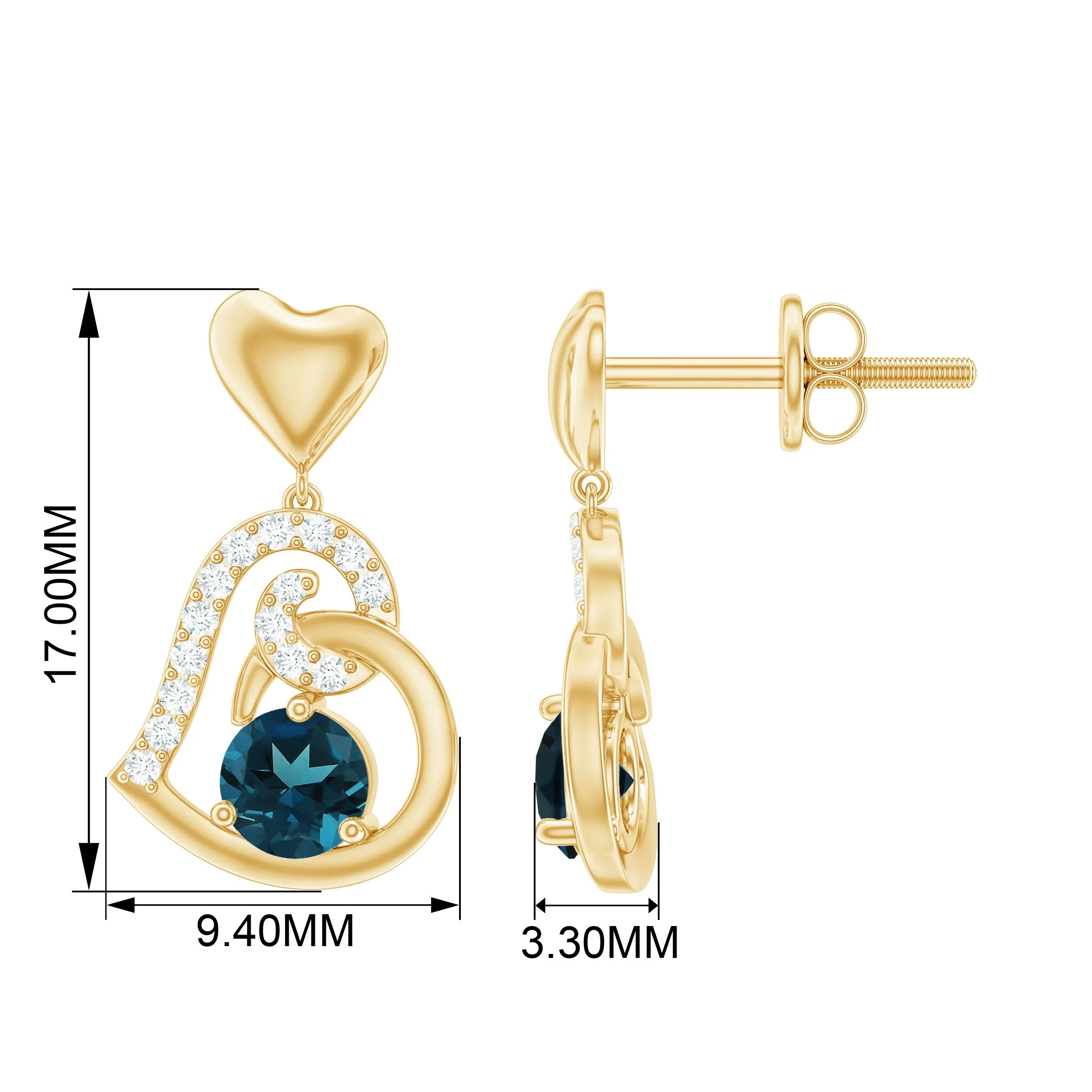 Round London Blue Topaz and Diamond Heart Drop Earring