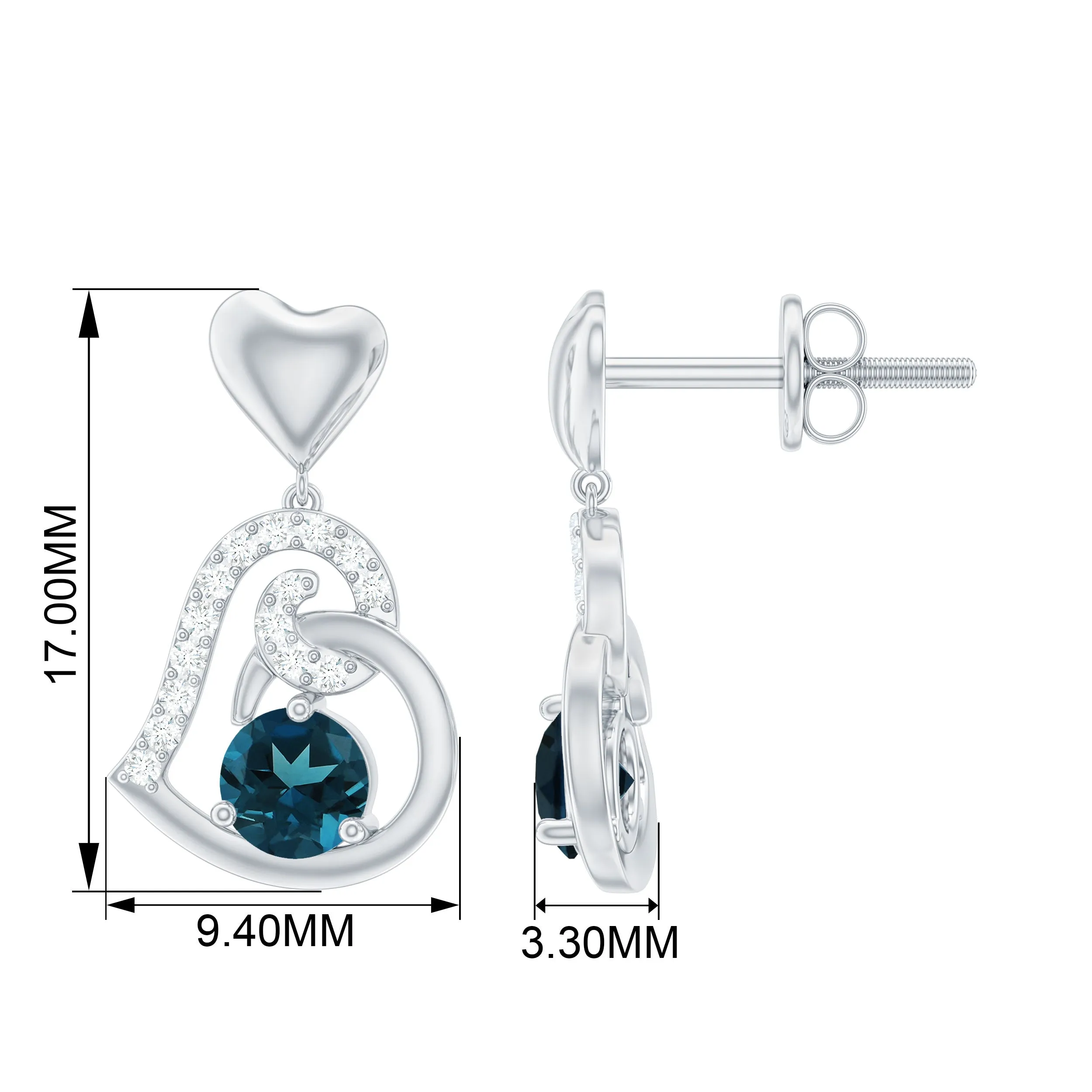 Round London Blue Topaz and Diamond Heart Drop Earring