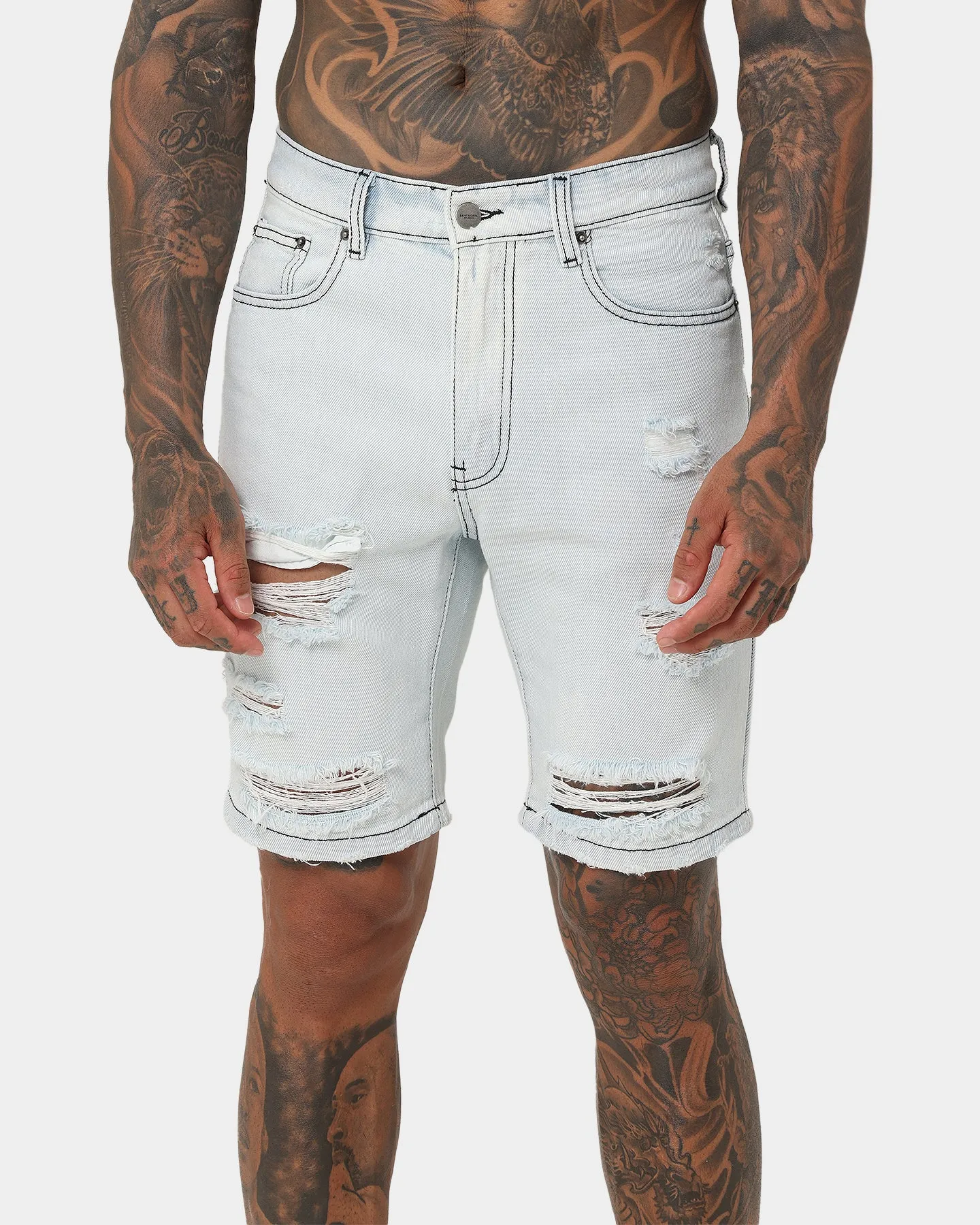 Saint Morta Destroyer Distressed Shorts Ice Blue