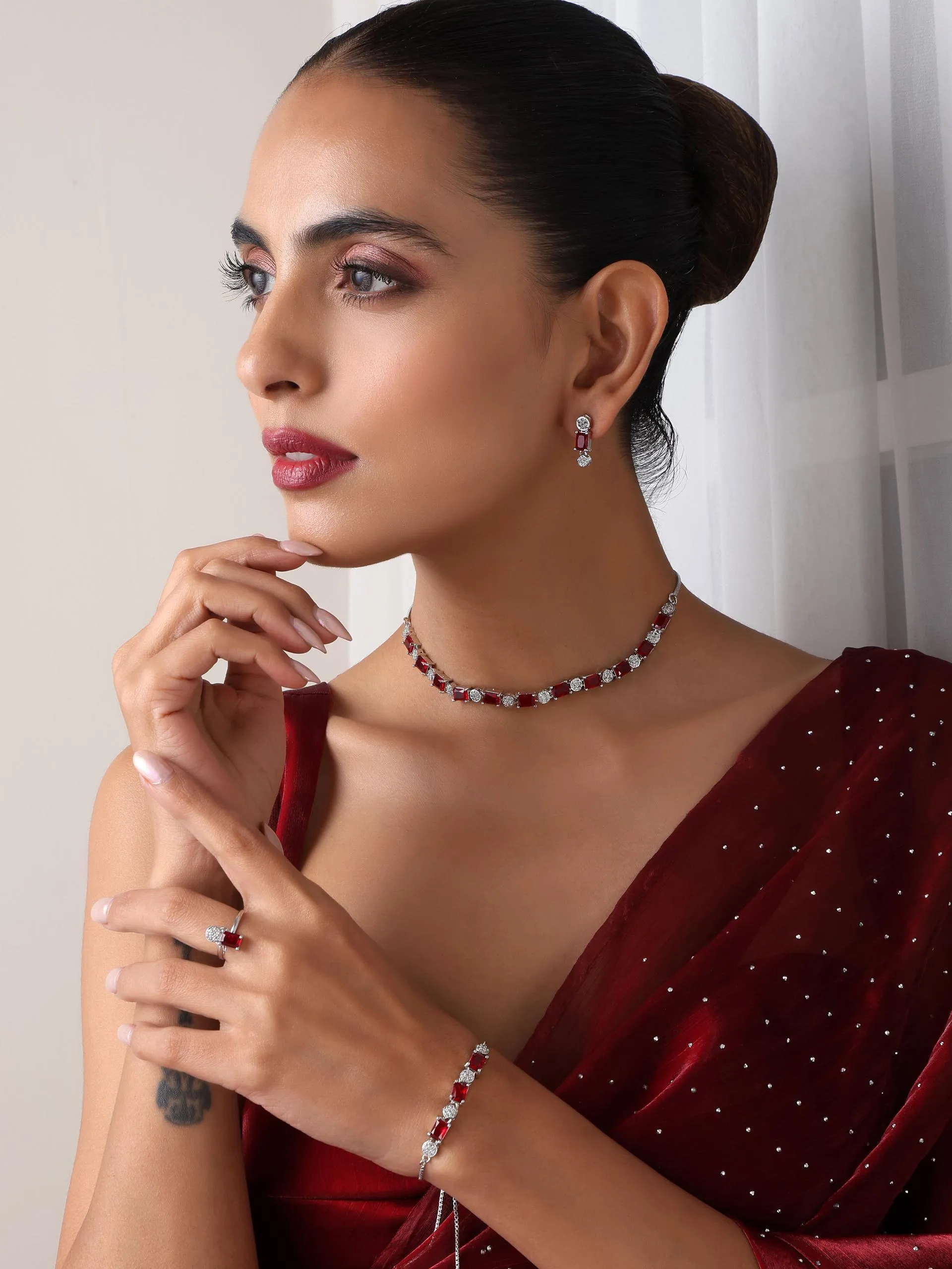 SET - Red Diamond Necklace, Earring, Ring, Bracelet