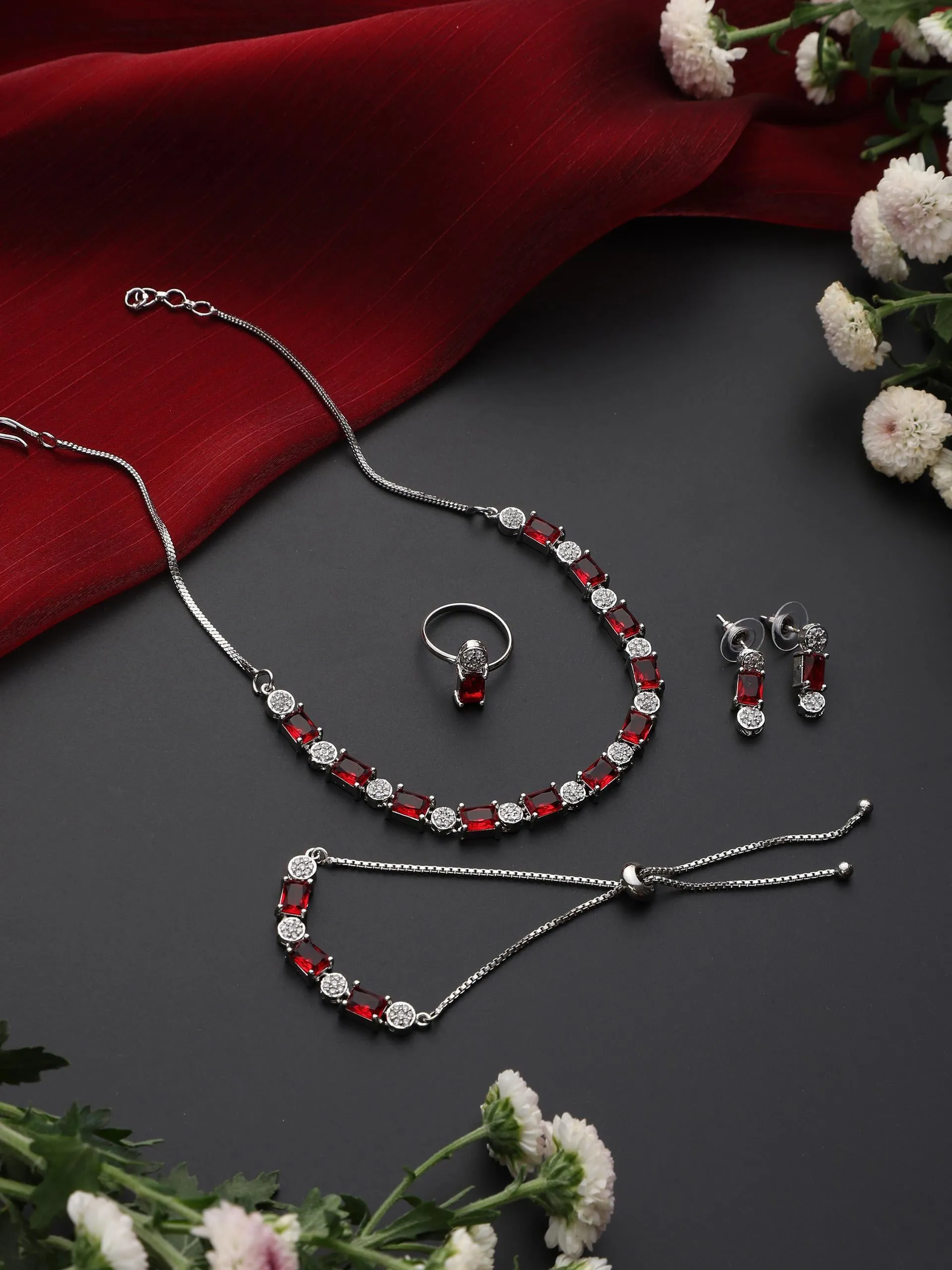 SET - Red Diamond Necklace, Earring, Ring, Bracelet