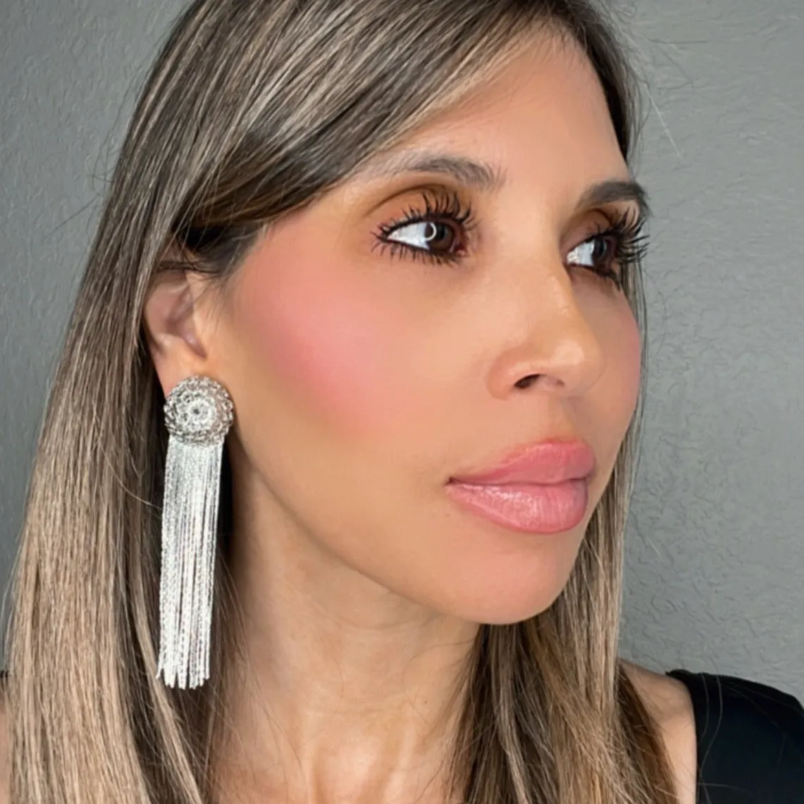 Silver Sphere Long Fringe Earring