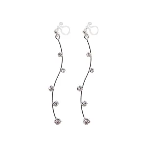 Silver waved bar rhinestone crystal dangle invisible clip on earrings