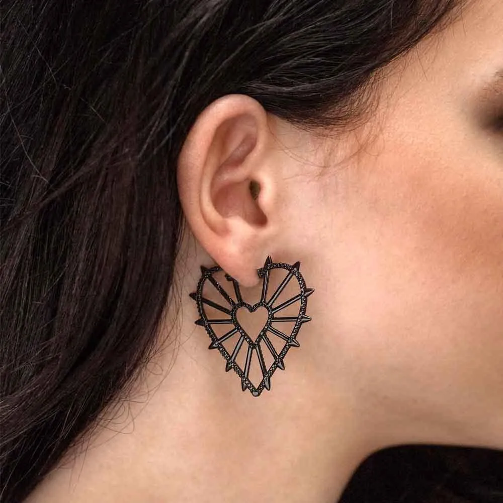Single Geometric Heart Earring with Spikes - Dark Grey Silver