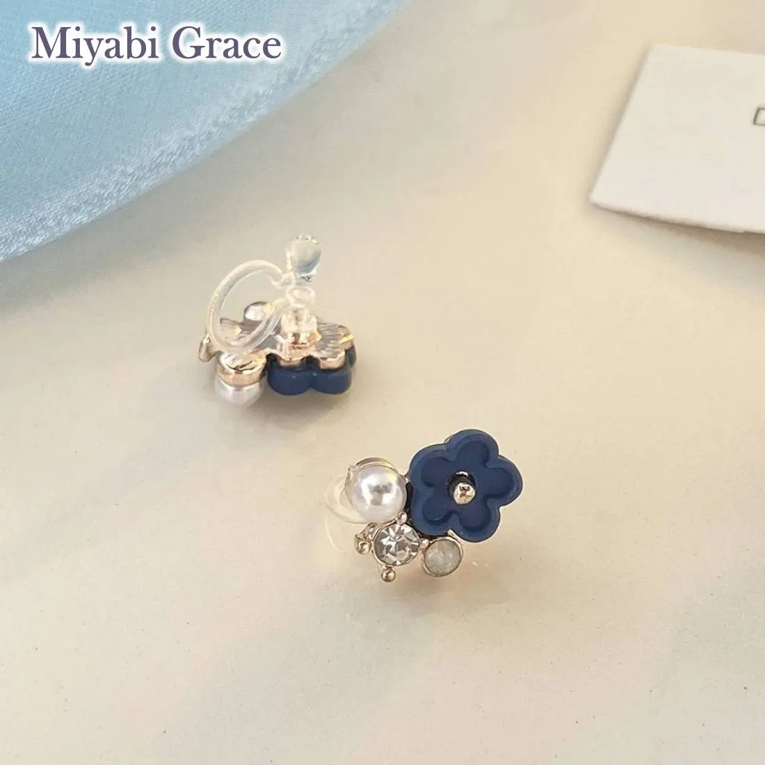 Small Blue Flower and White Pearl Invisible Clip On Stud Earrings