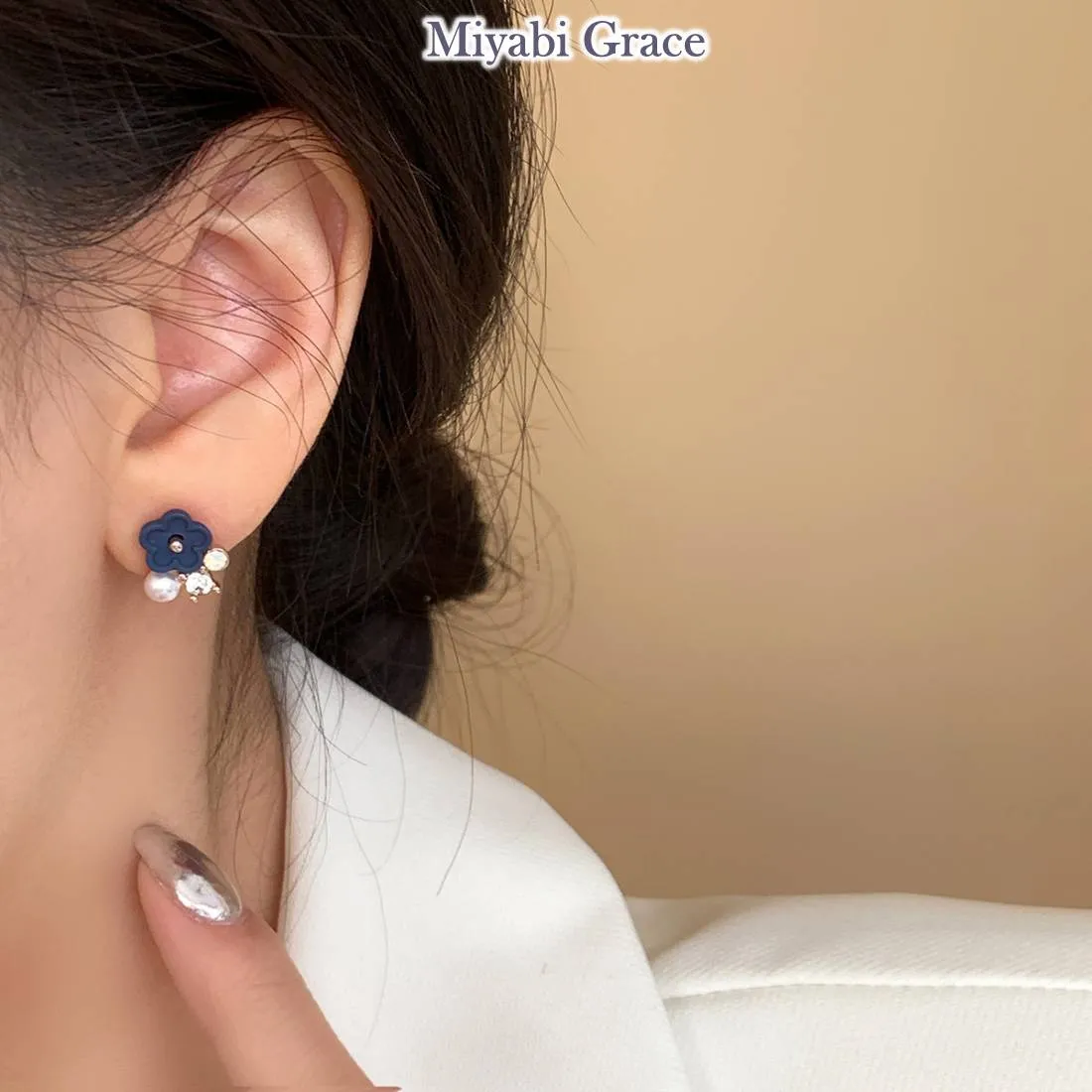Small Blue Flower and White Pearl Invisible Clip On Stud Earrings