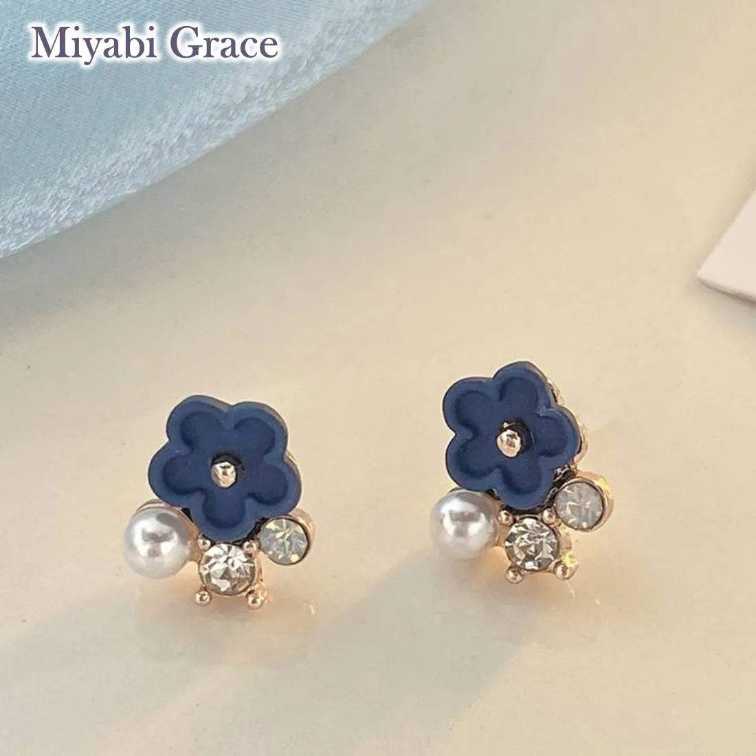 Small Blue Flower and White Pearl Invisible Clip On Stud Earrings