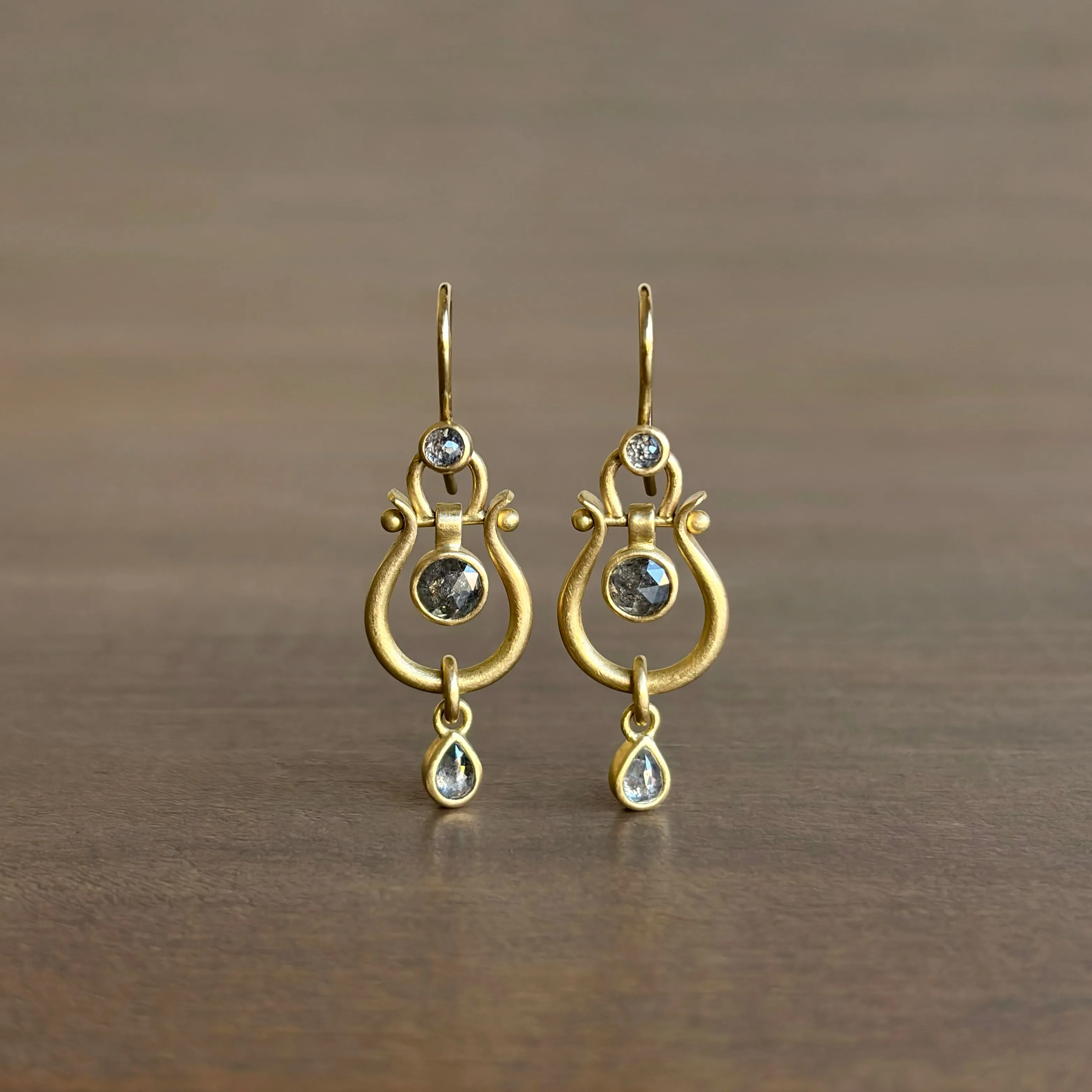 Small Gold Lyre Earrings with Salt & Pepper Diamonds