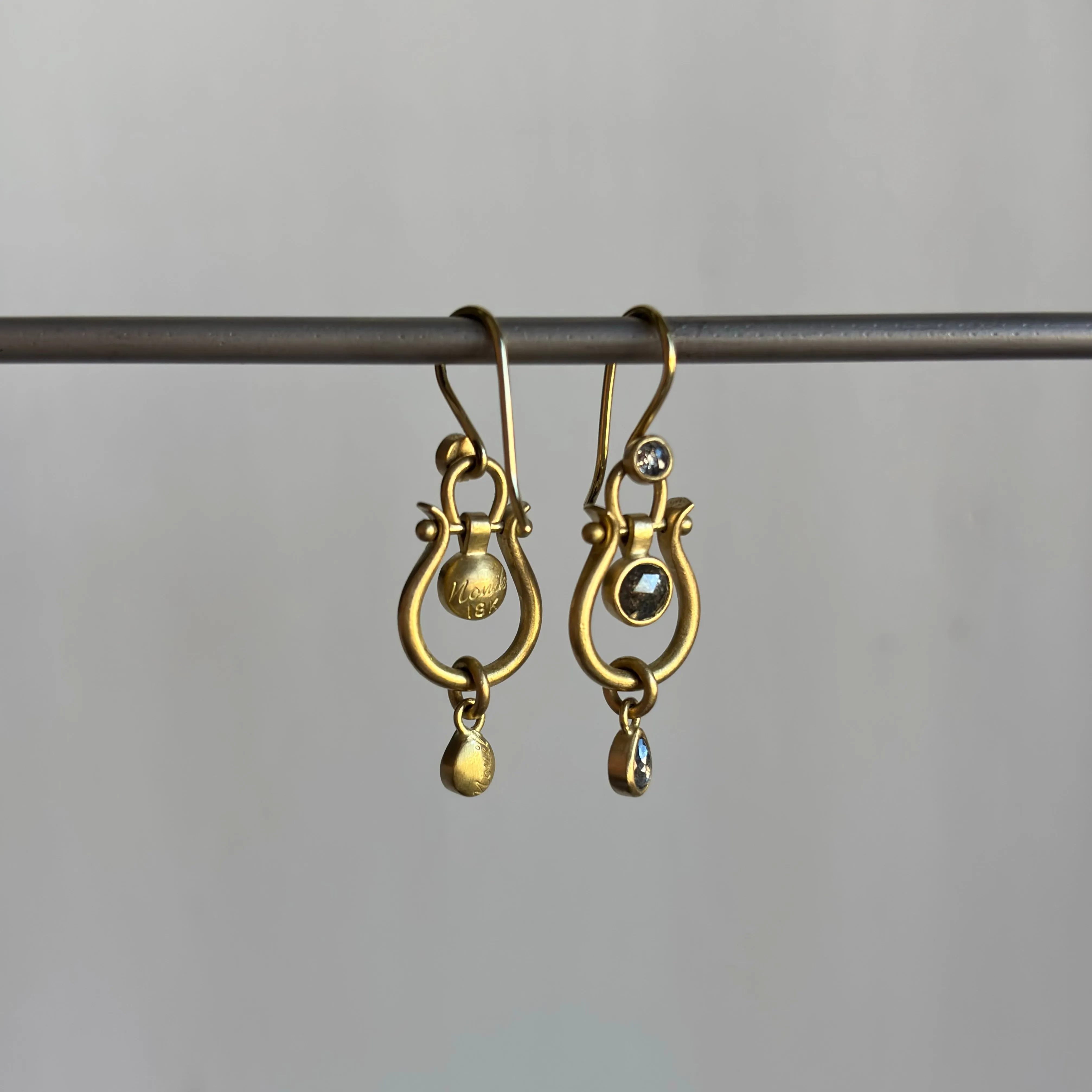 Small Gold Lyre Earrings with Salt & Pepper Diamonds