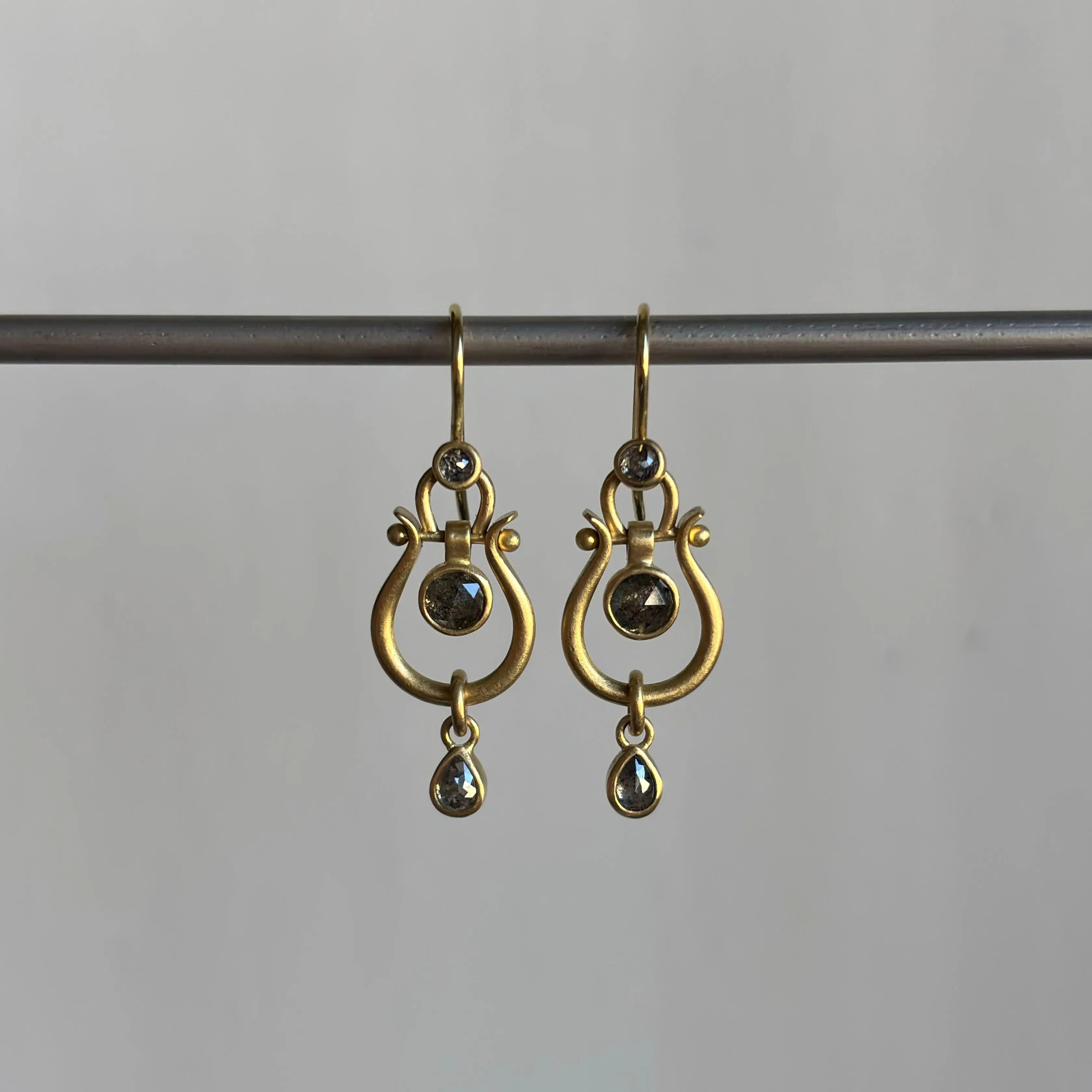 Small Gold Lyre Earrings with Salt & Pepper Diamonds