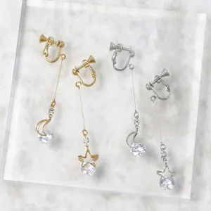 Star and Moon Dangling Cubic Zirconia Clip On Earrings